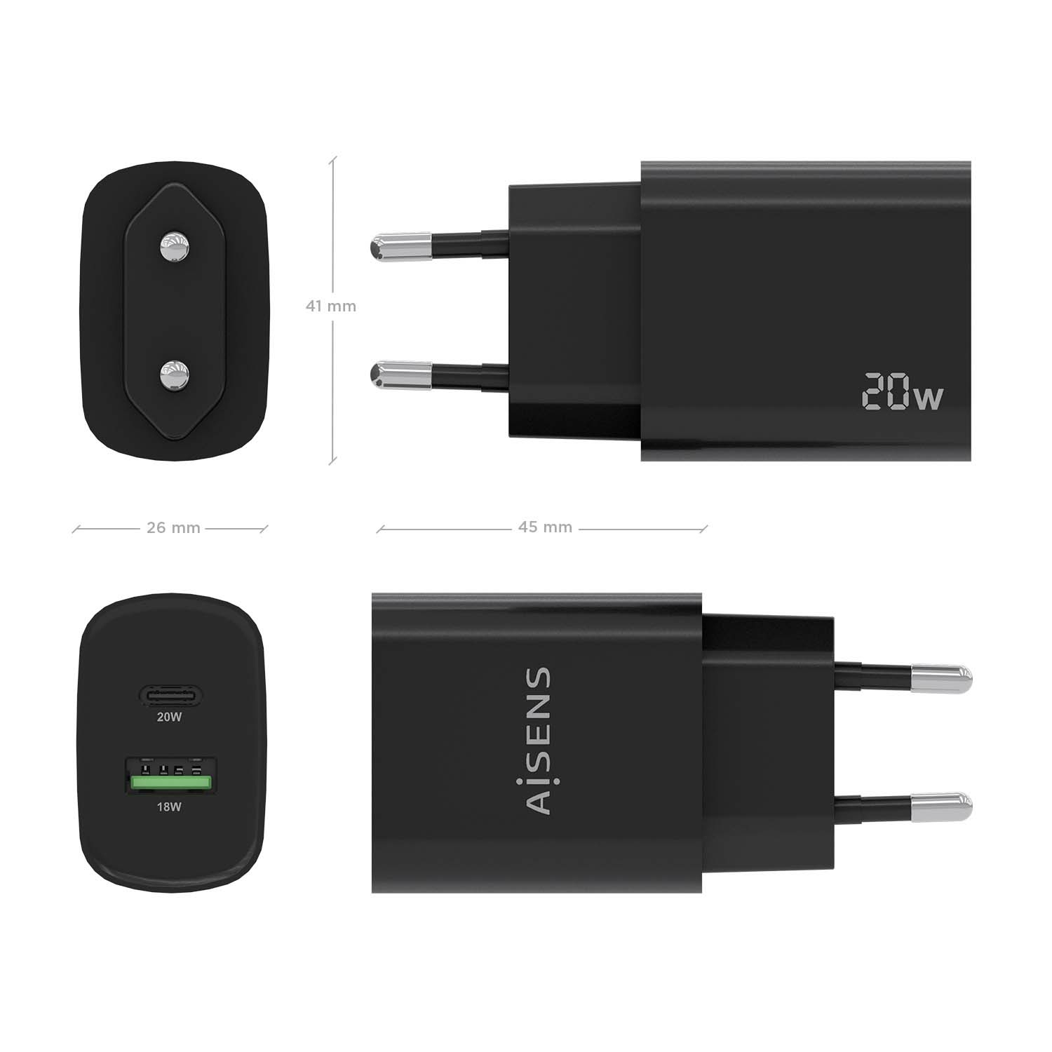 AISENS Cargador 20W, 1xUSB-C PD3.0, 1xUSB-A QC3.0, Negro – image 4