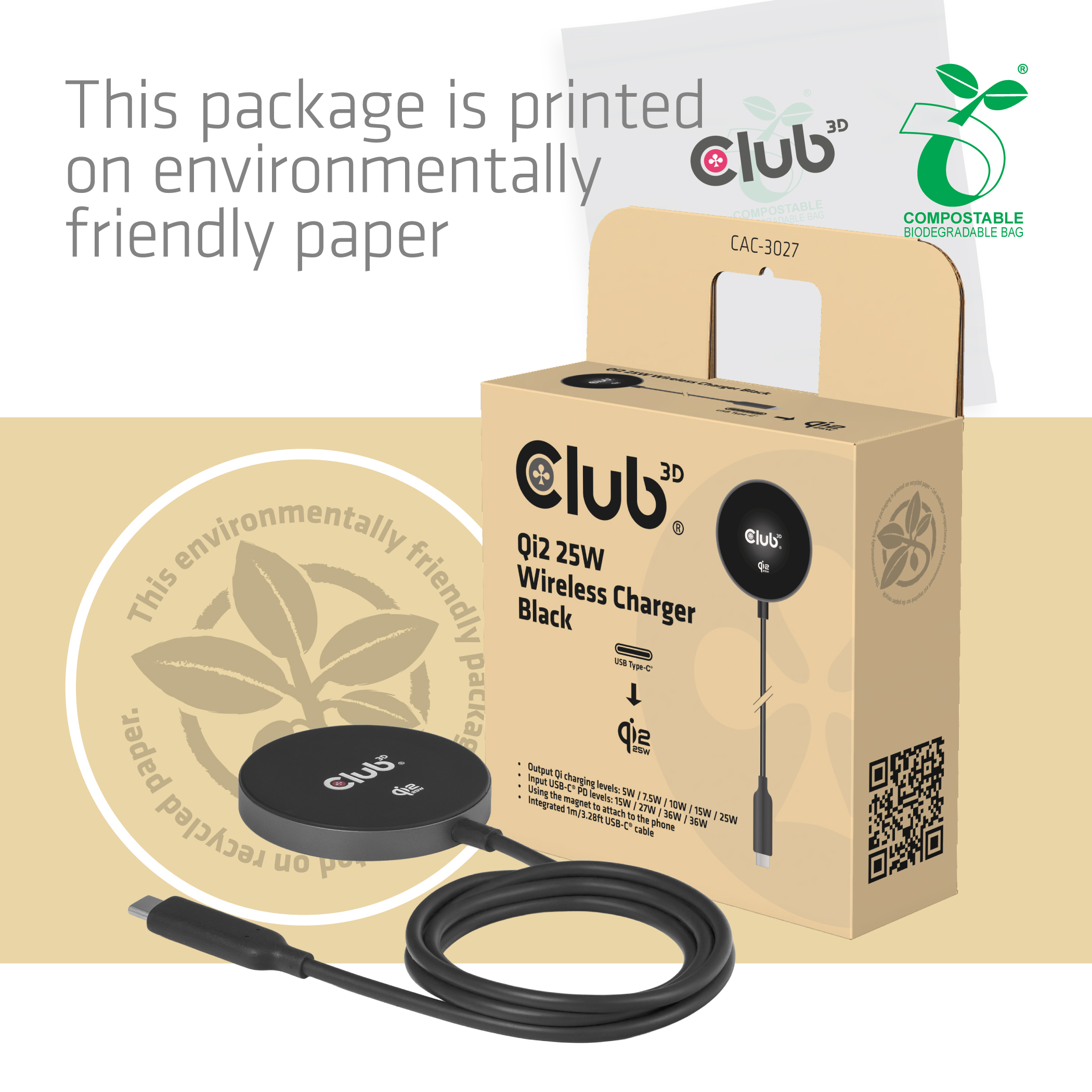 Club3D Ladegerät wireless Qi2 USB-C 25Watt,  schwarz retail