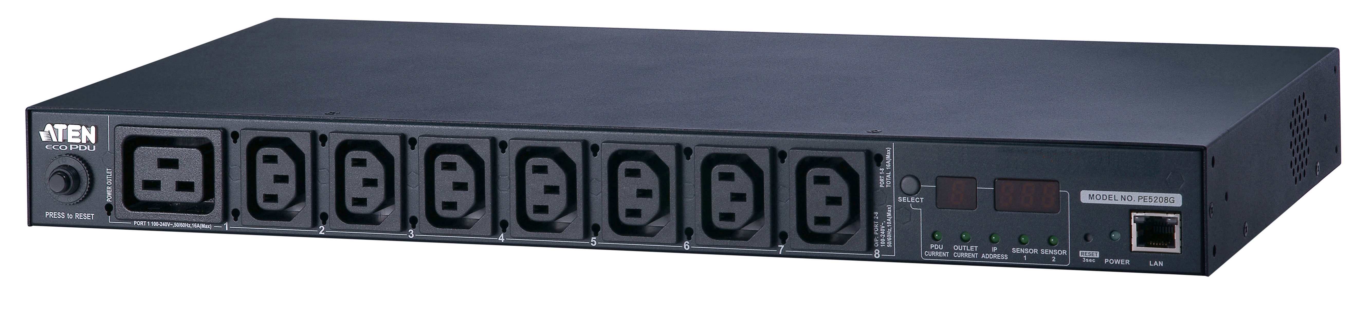 ATEN PE5208G eco PDU - Power distribution unit (rack-mountable) - AC 100-240 V - 3.7 kW - Ethernet 10/100 - input: IEC 60320 C20 - output connectors: 8 (power IEC 60320 C13, IEC 60320 C19) - 1U