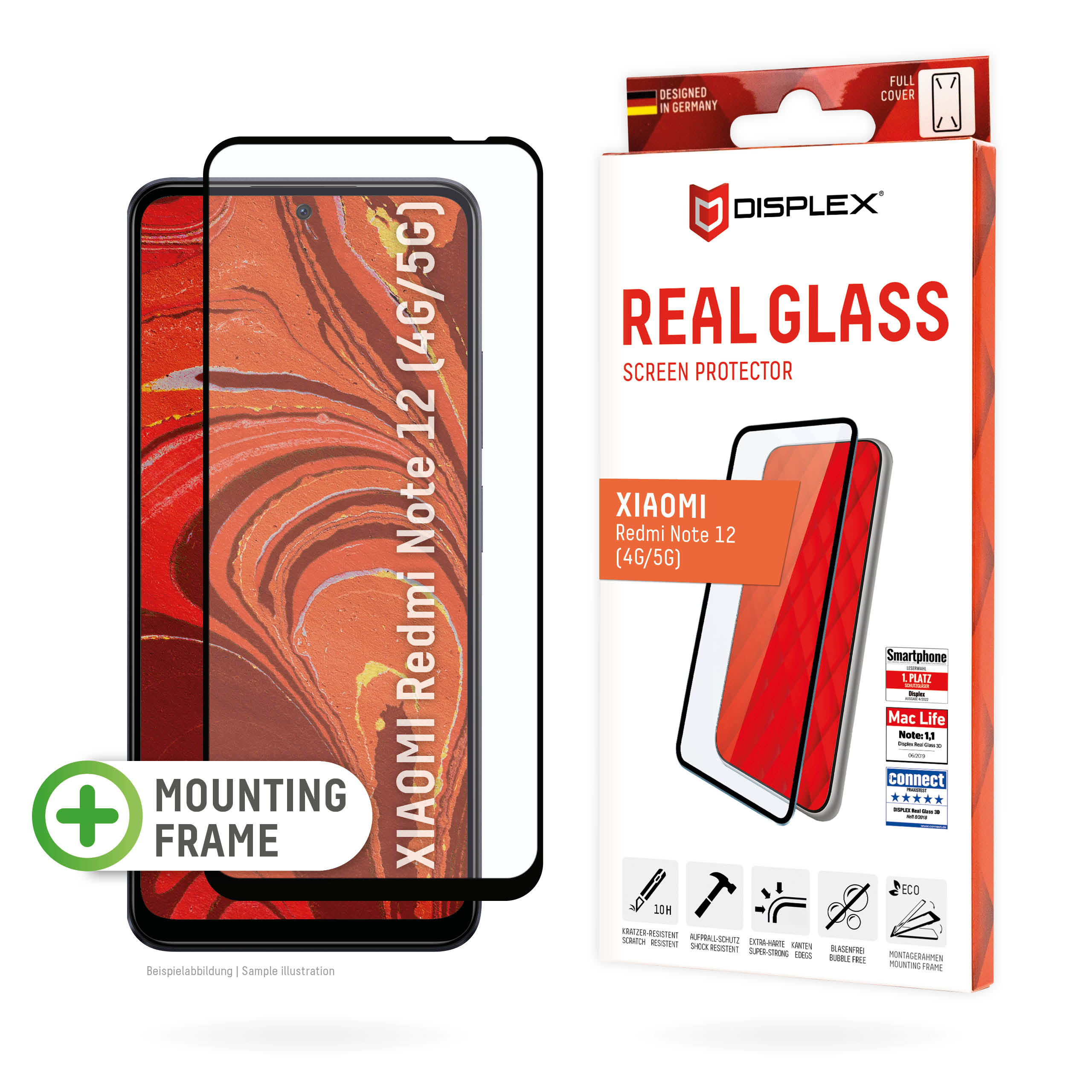 Displex Full Cover Screen Protector (10H) for Xiaomi Redmi Note 12 4G/5G, Eco Mounting Frame, Full Cover