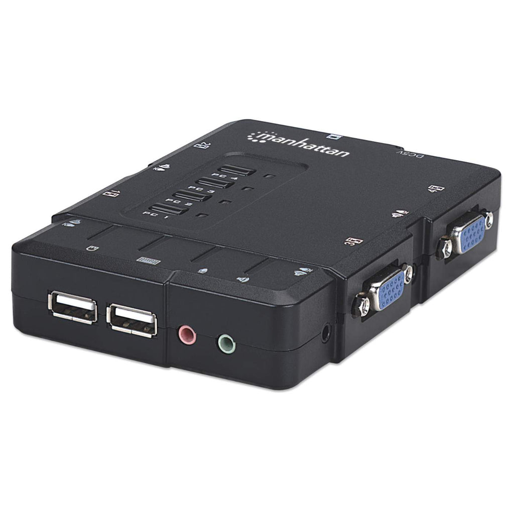 Manhattan KVM Switch Compact 4-Port, 4x USB-A, Cables included, Audio Support, Control 4x computers from one pc/mouse/screen, Black, Lifetime Warranty, Boxed – image 1