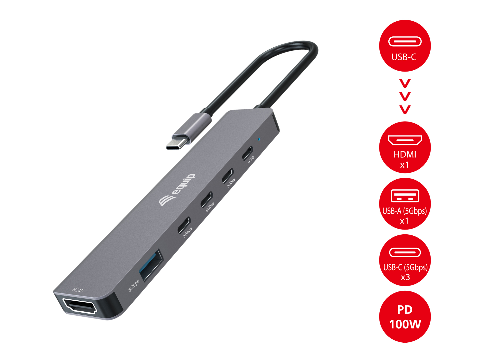 USB-C 6-in-1-Multifunktionsadapter, HDMI 4K/30Hz, USB-C x 4, USB-A x 1, 5 Gbit/s, 100 W USB PD