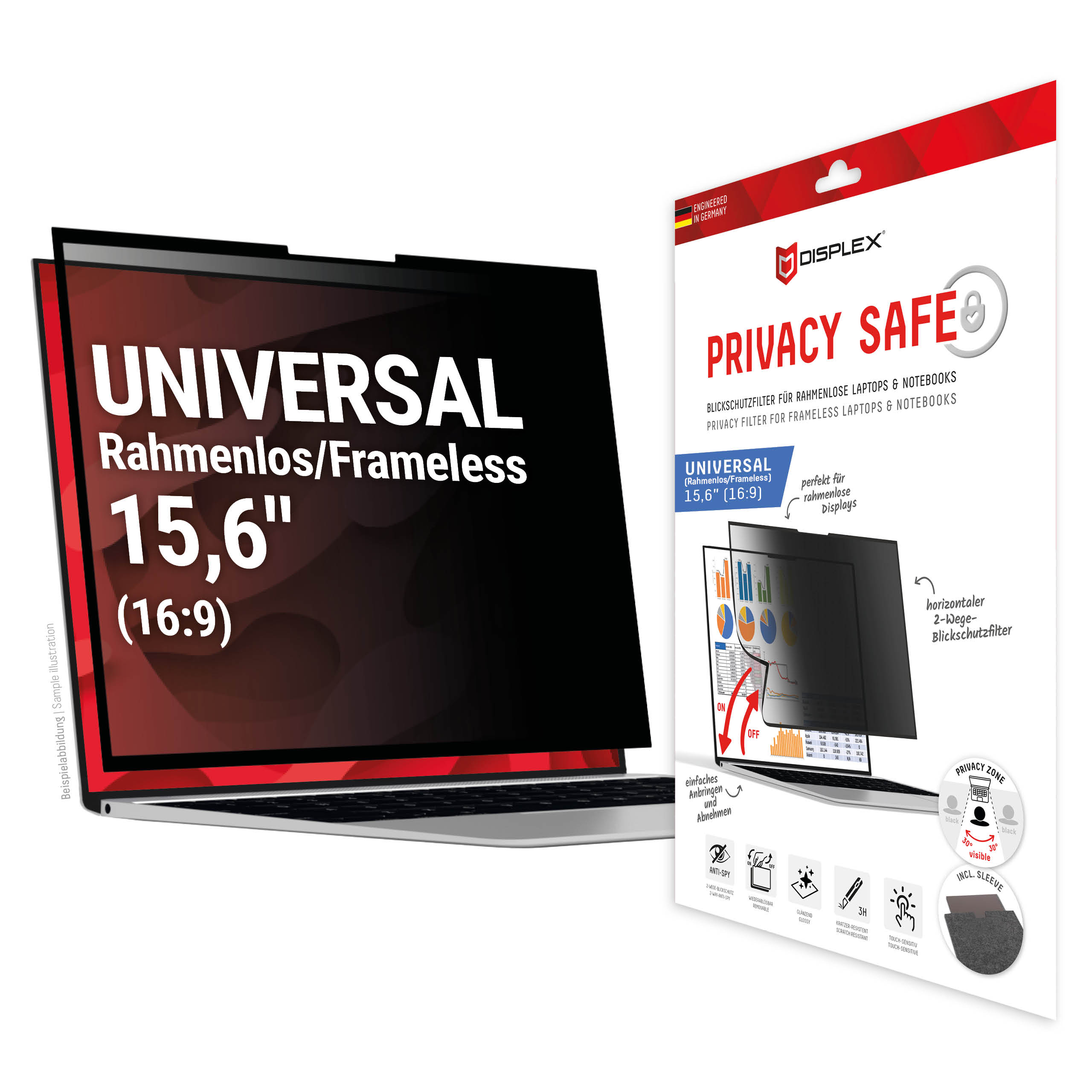 Displex PRIVACY SAFE removable 2-way privacy filter for Laptop/ Notebook (randlos/frameless) 15,6'' (16:9)