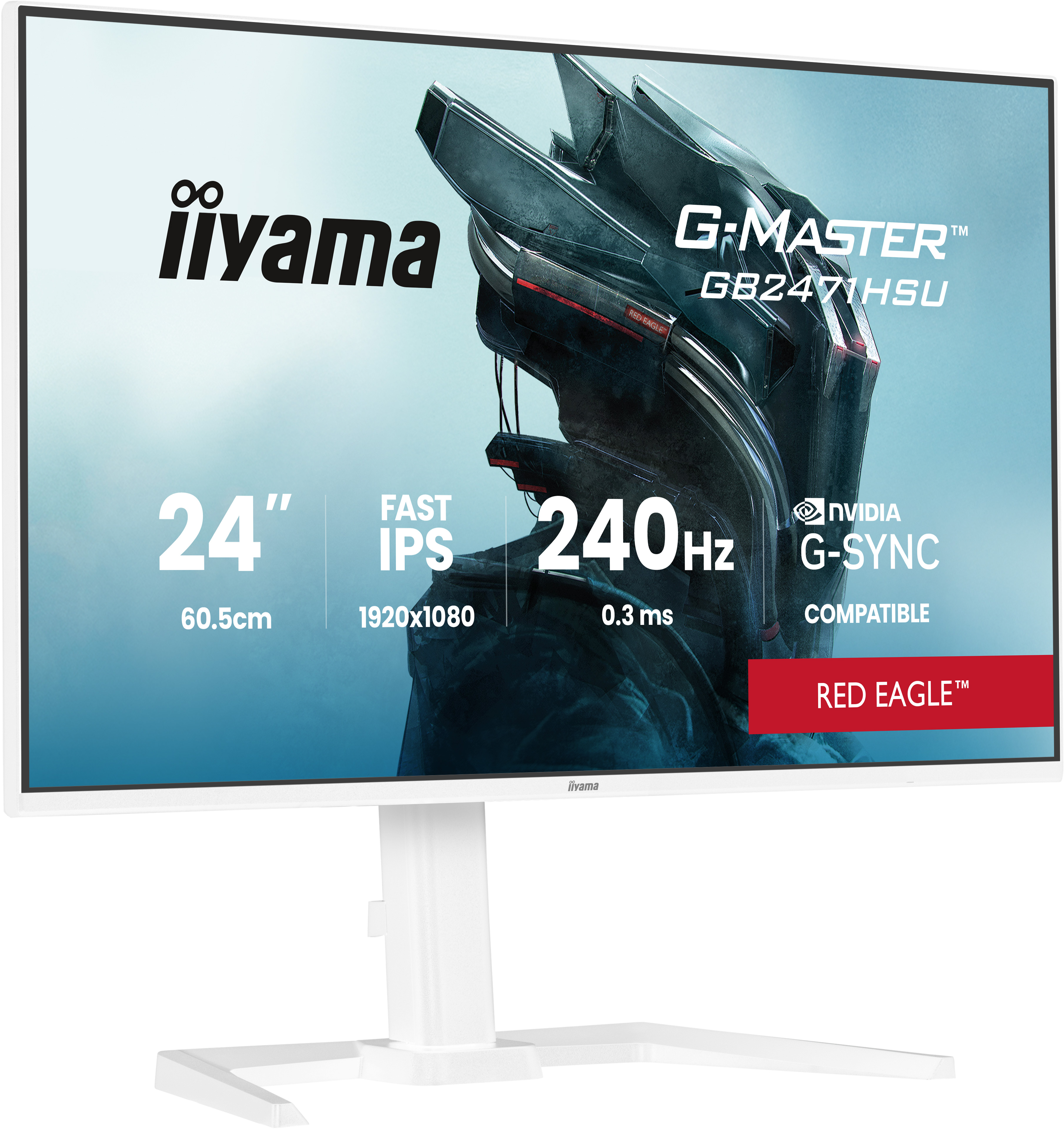 iiyama G-MASTER Red Eagle GB2471HSU-W1 - LED monitor - gaming - 24" (23.8" viewable) - 1920 x 1080 Full HD (1080p) @ 240 Hz - Fast IPS - 350 cd/m� - 1000:1 - HDR10 - 0.3 ms - 2xHDMI, DisplayPort - speakers - matte, white