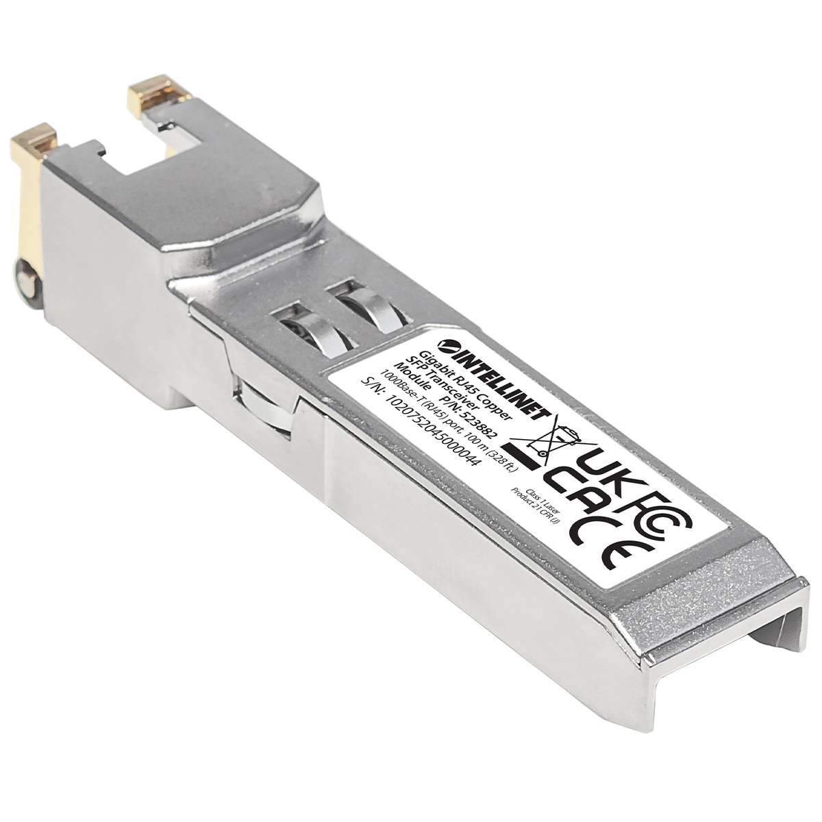 Intellinet Transceiver Module Optical, Gigabit RJ45 Copper SFP, 1000Base-T (RJ45) port, 100m, MSA Compliant, Equivalent to Cisco GLC-T, Ethernet, Fiber/Fibre, T