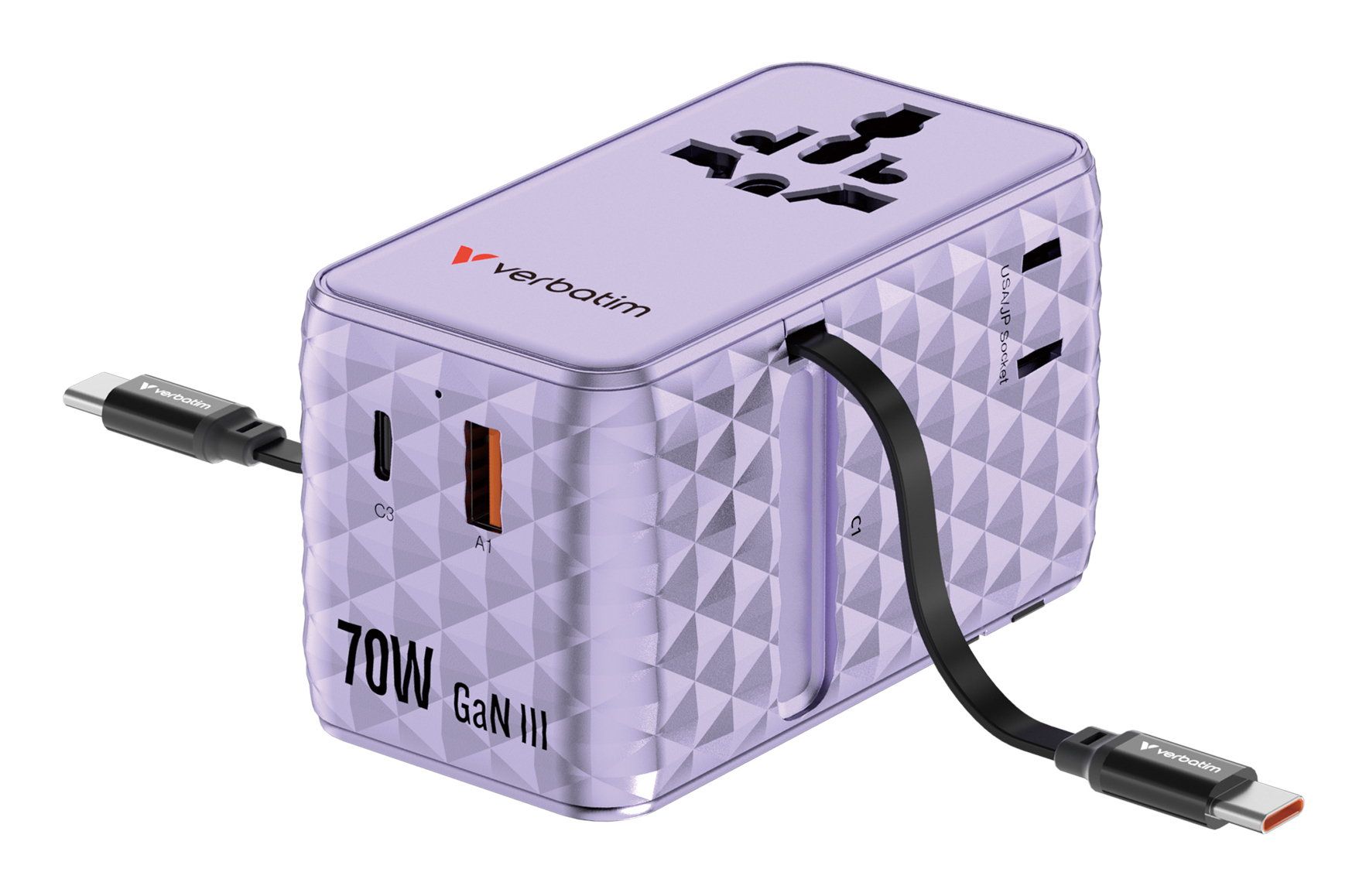 صورة شاحن سفر عالمي Verbatim 30188 Charge 'n' Travel 70W 2 منافذ، بنفسجي