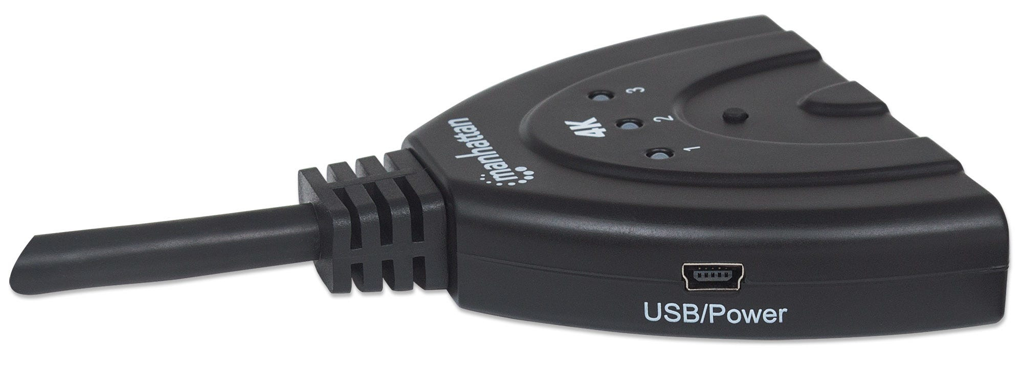 Manhattan HDMI Switch 3-Port, 4K@60Hz, Connects x3 HDMI sources to x1 display, Manual Switching (via button), Integrated Cable (58cm), No external power require – image 4