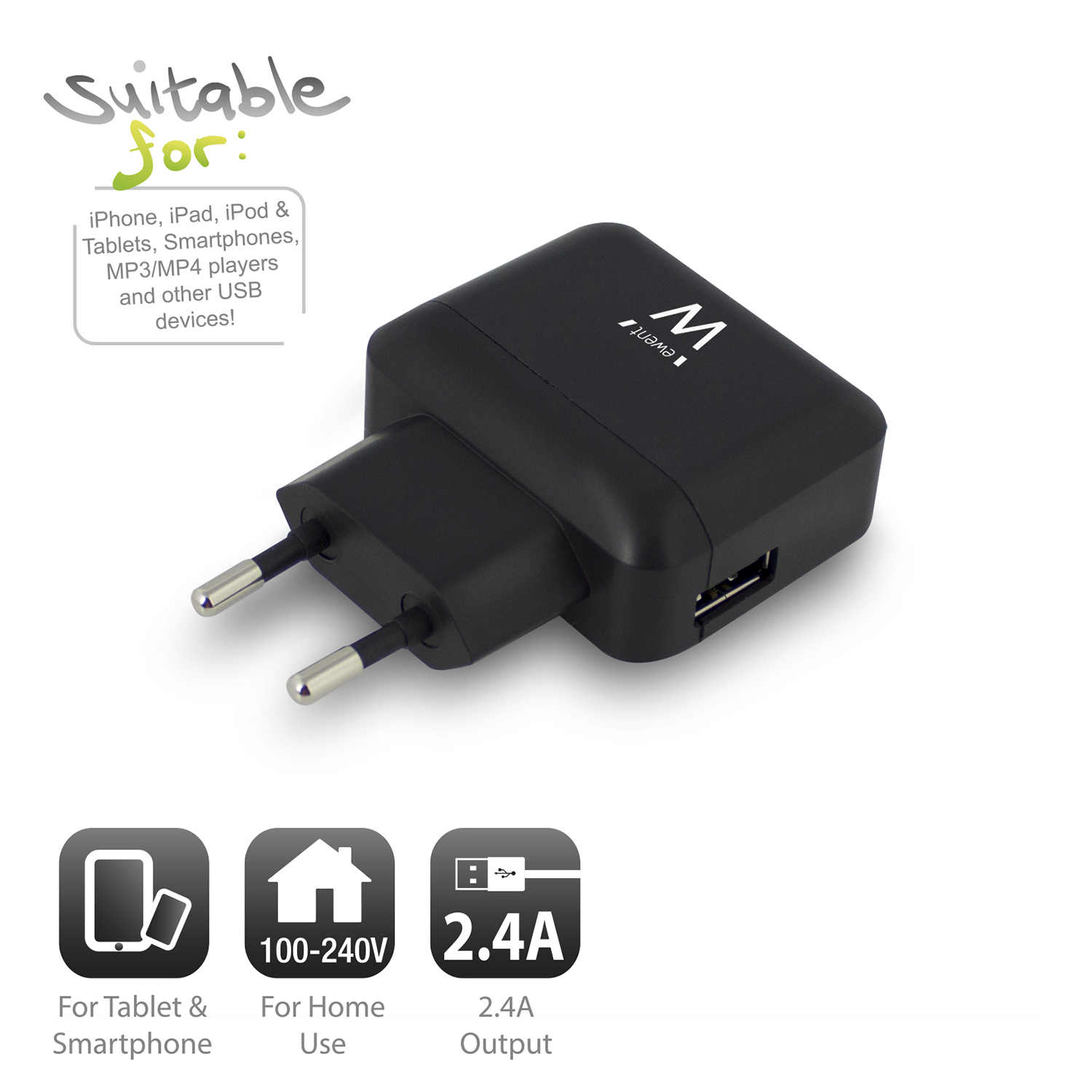 Ewent EW1300 mobile device charger Smartphone, Universal Black AC Indoor – image 2