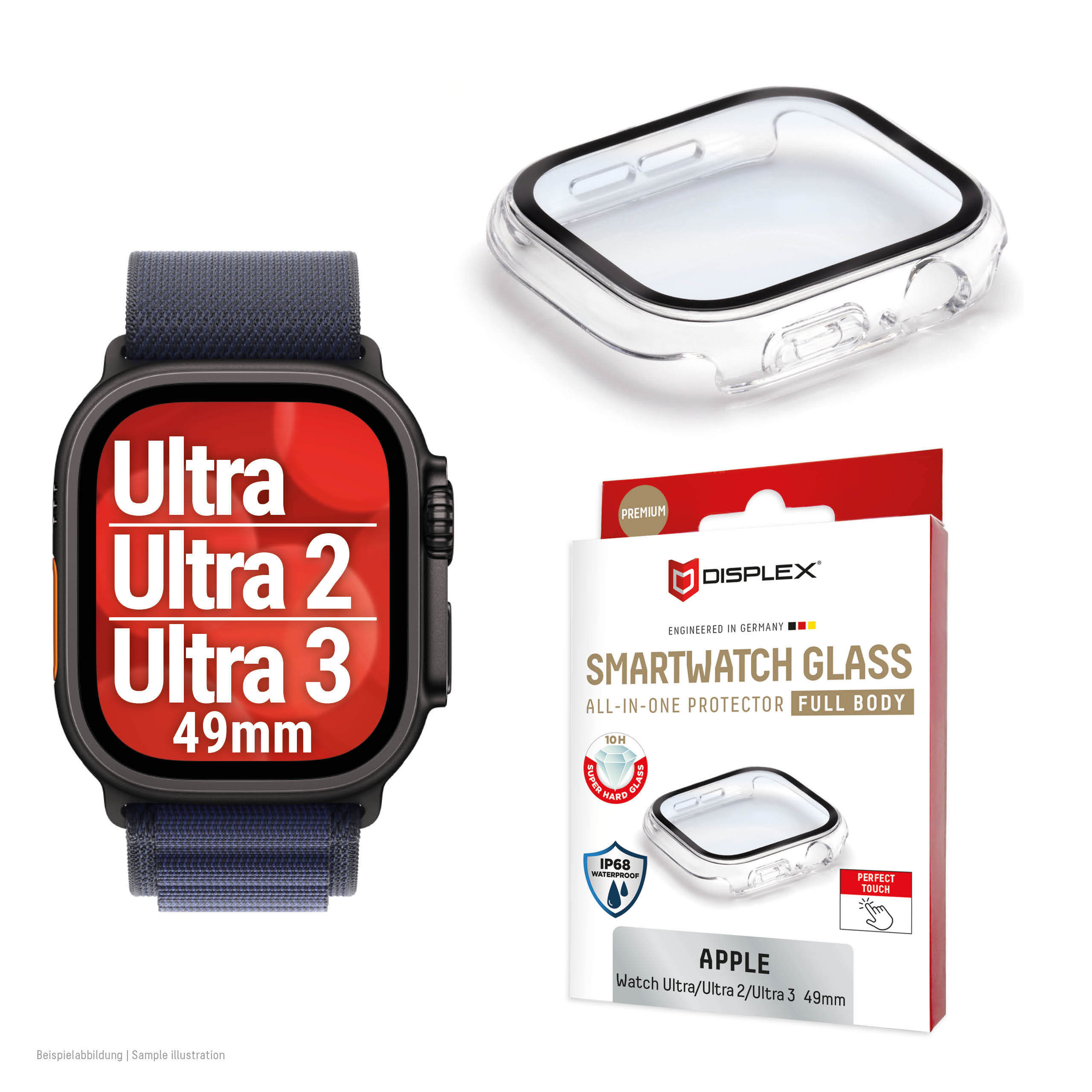Displex 10H Tempered Glass for Apple Watch Ultra 3/Ultra 2/Ultra (49mm), Full Body Case, IP68, Snap-On, transparent