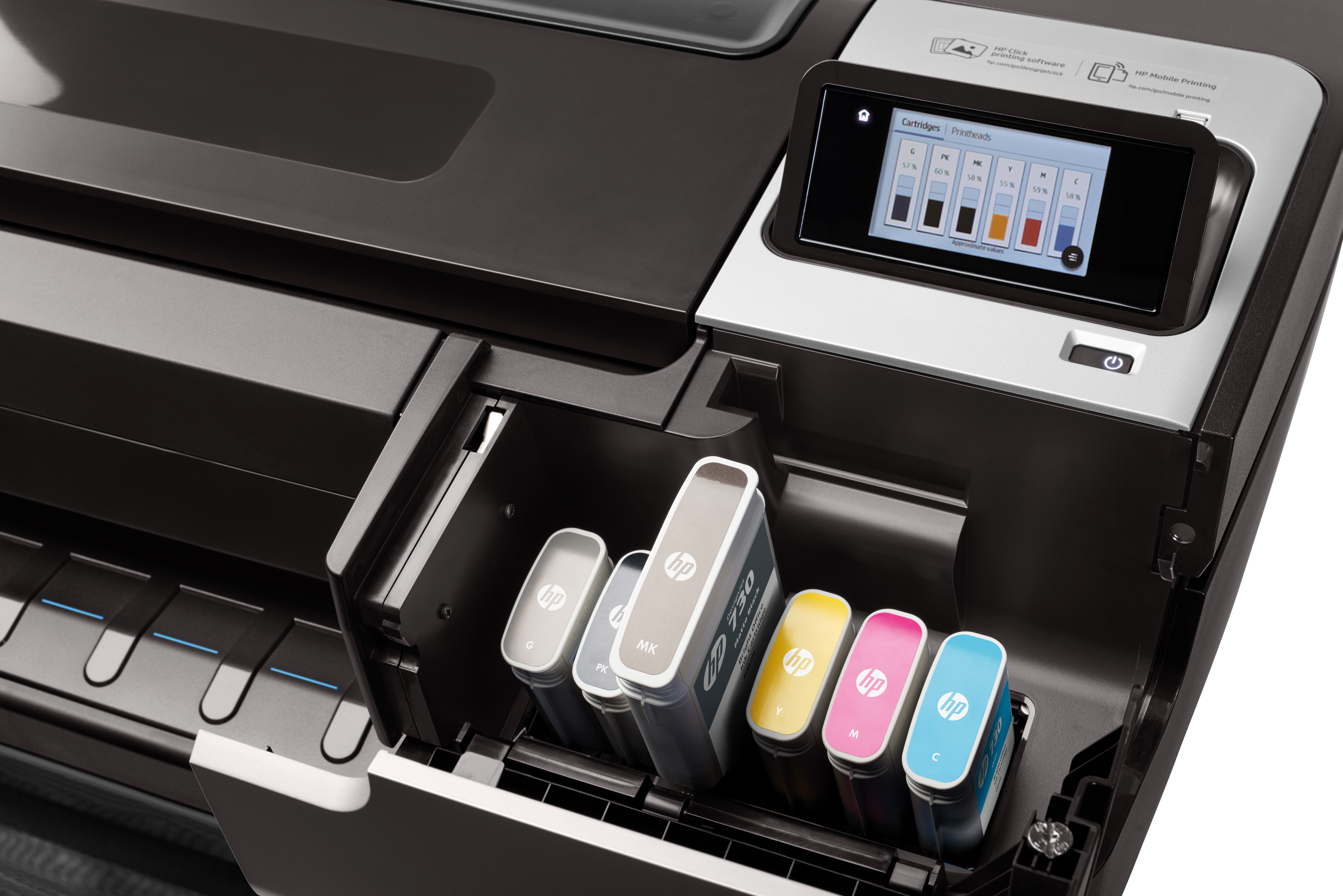 HP Designjet T1700 44-in Printer. Page description languages: HP-GL/2, TIFF, JPEG, CALS G4, URF, Printing colours: Cyan, P
