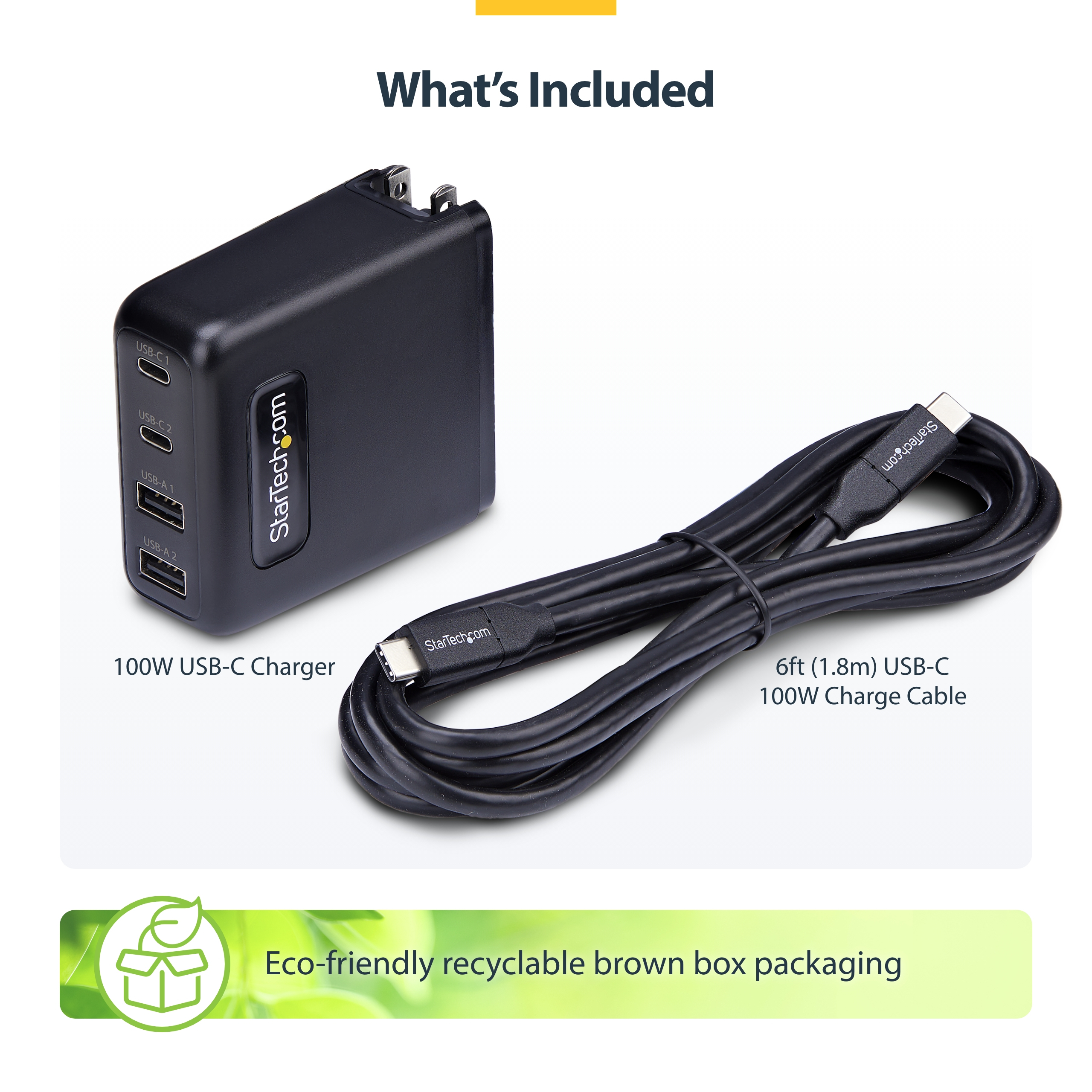 Resim StarTech.com 100W GaN USB-C PD 3.0 Duvar Tipi Şarj Cihazı, 2x USB-C, 2x USB-A, 1.8m Kablo, Siyah
