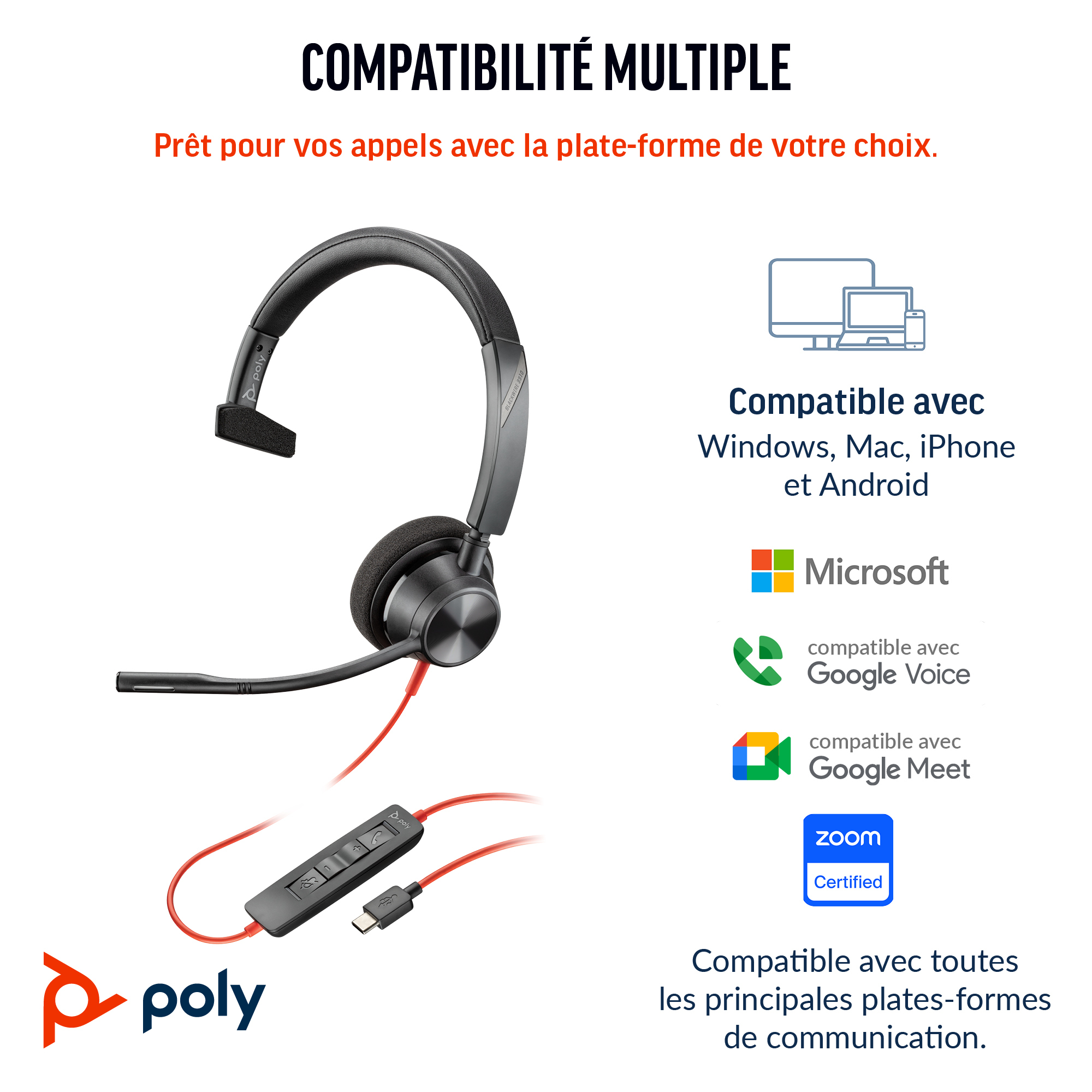 HP Poly Blackwire 3310 Monaural Microsoft Teams Certified USB-C Headset +USB-C/A Adapter. Weight: 103 g