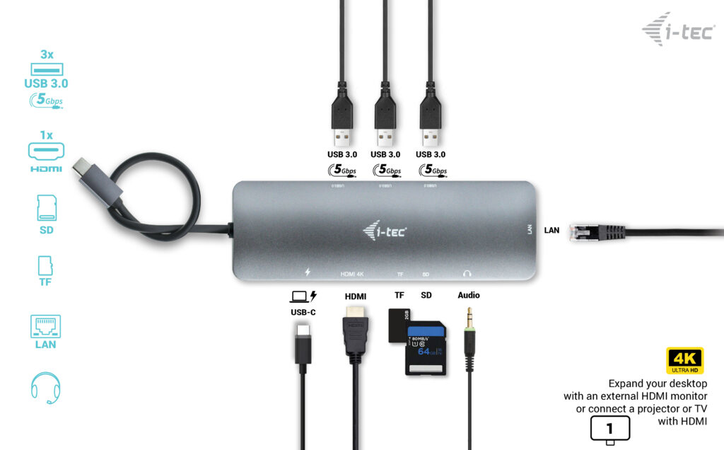 i-tec USB-C Metal Nano Docking Station 4K HDMI LAN + Power Delivery 100W - C31NANODOCKLANPD - Miniatura 8