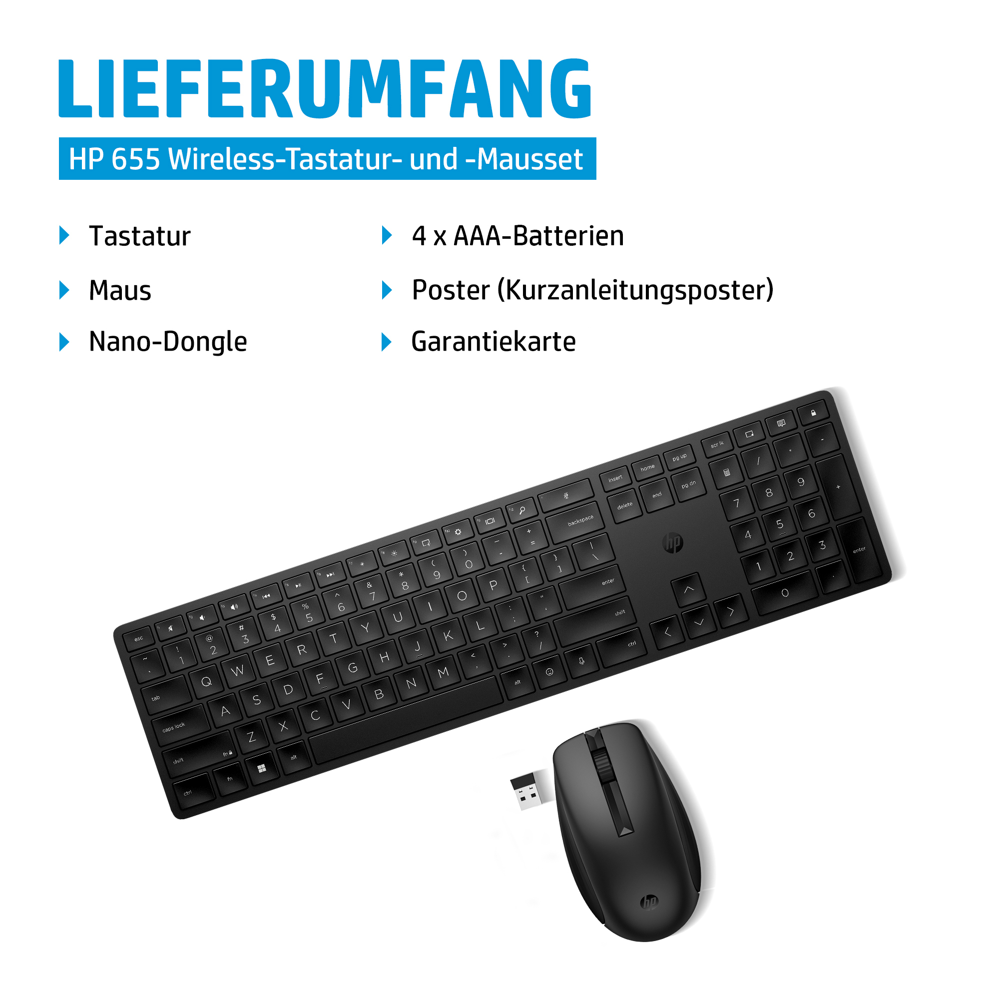 HP 655 Wireless Keyboard and Mouse Combo. Keyboard form factor: Full-size (100%), Connectivity technology: Wireless, Devic
