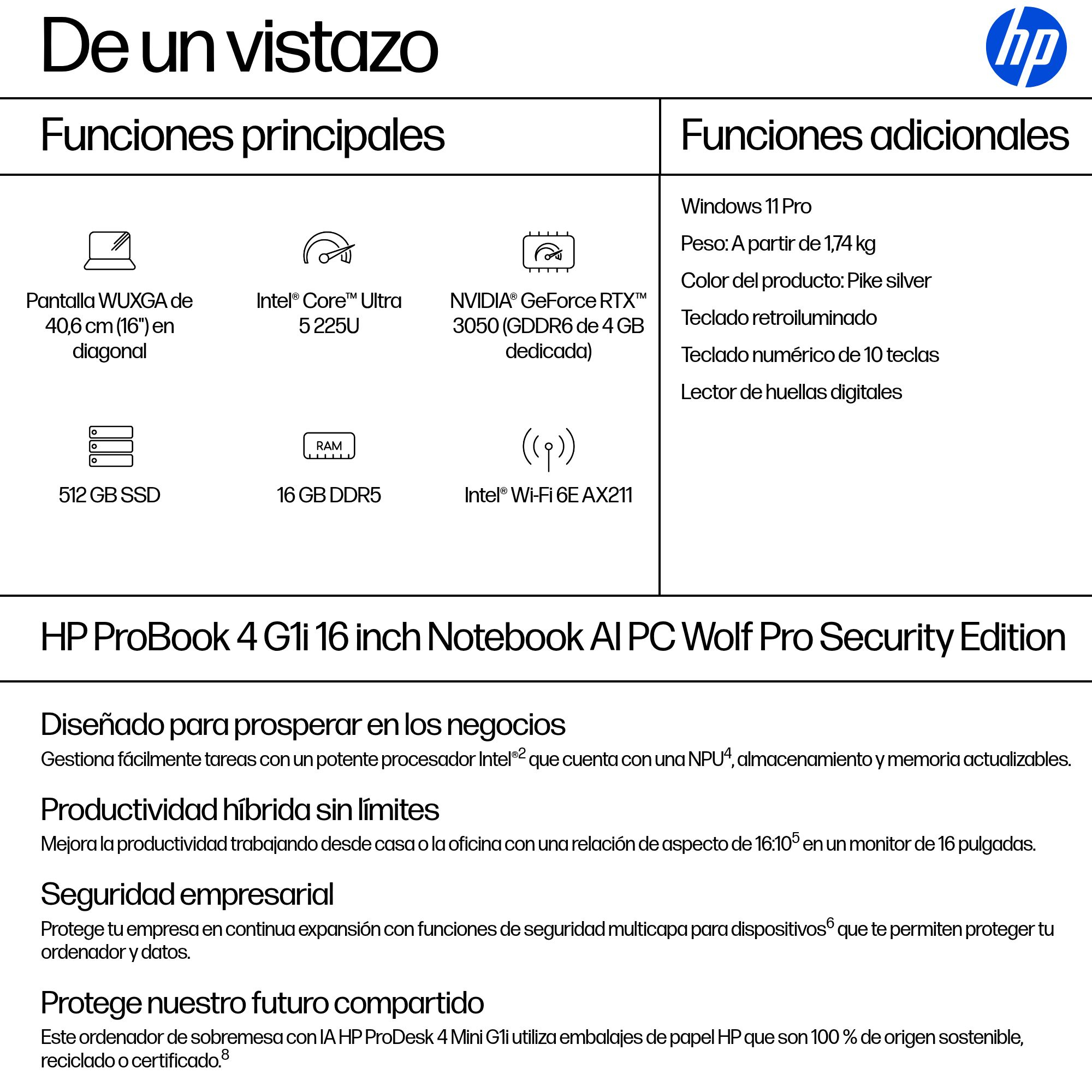 Portátil - HP ProBook 4 G1i AI Profesional, 16" WUXGA, Intel® Core™ Ultra 5 225U, 16 GB RAM, 512 SSD, UHD Graphics, Windows 11 Pro, Plata - imagen 5