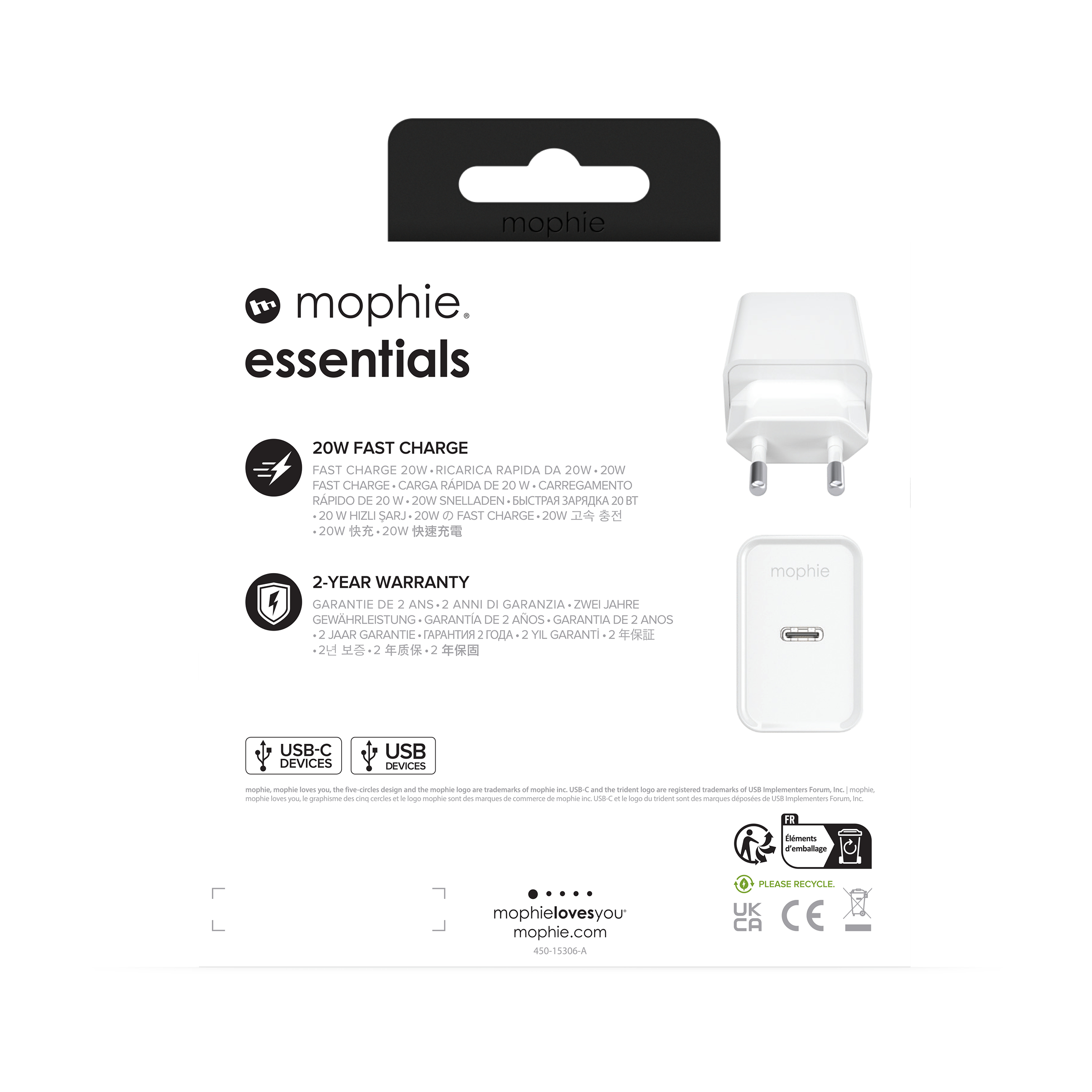 mophie essentials 20W USB-C PD wall adapter Universel Blanc Secteur Charge rapide Intérieure
