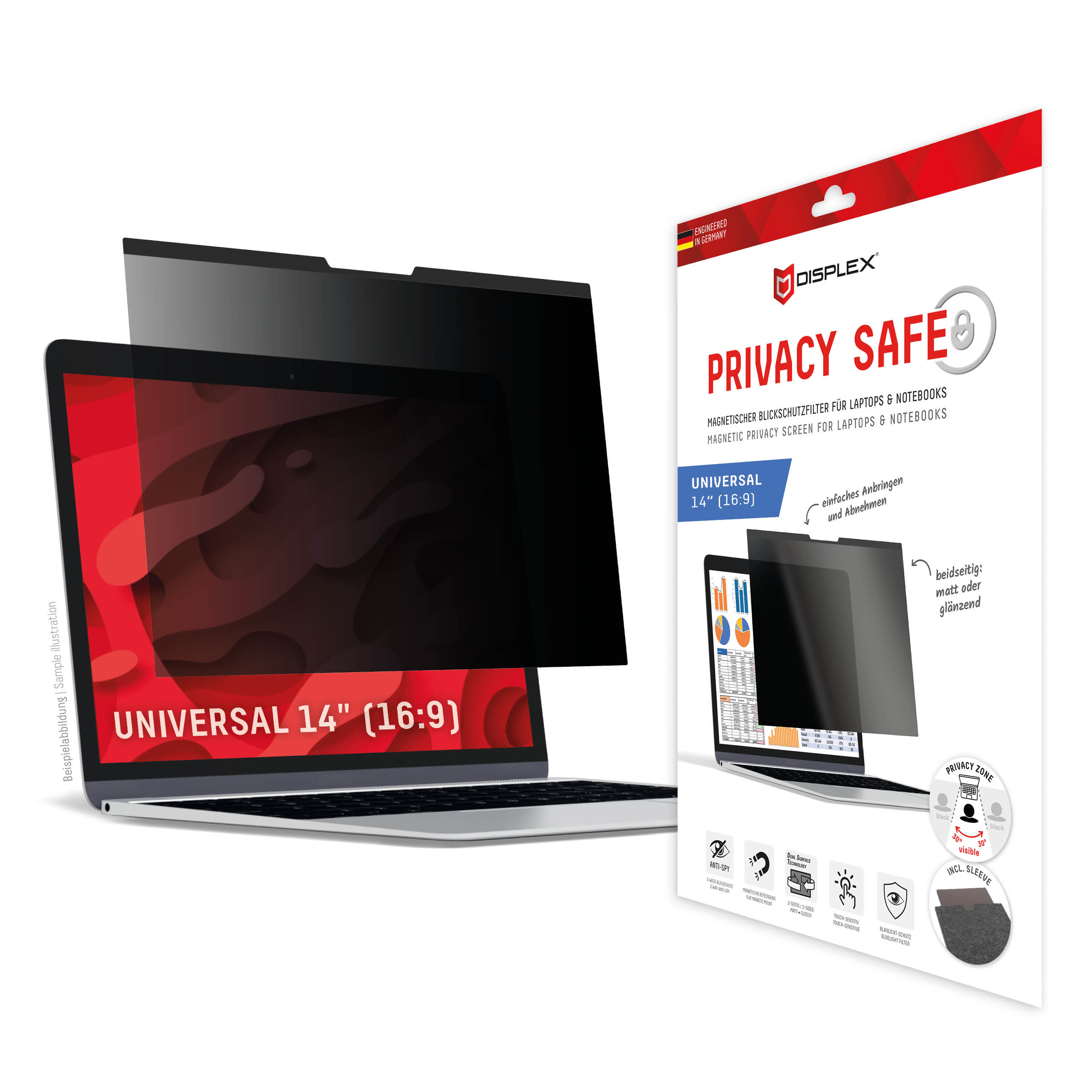 Displex PRIVACY SAFE magnetic 2-way privacy filter for Laptop/ Notebook 14'' (16:9)