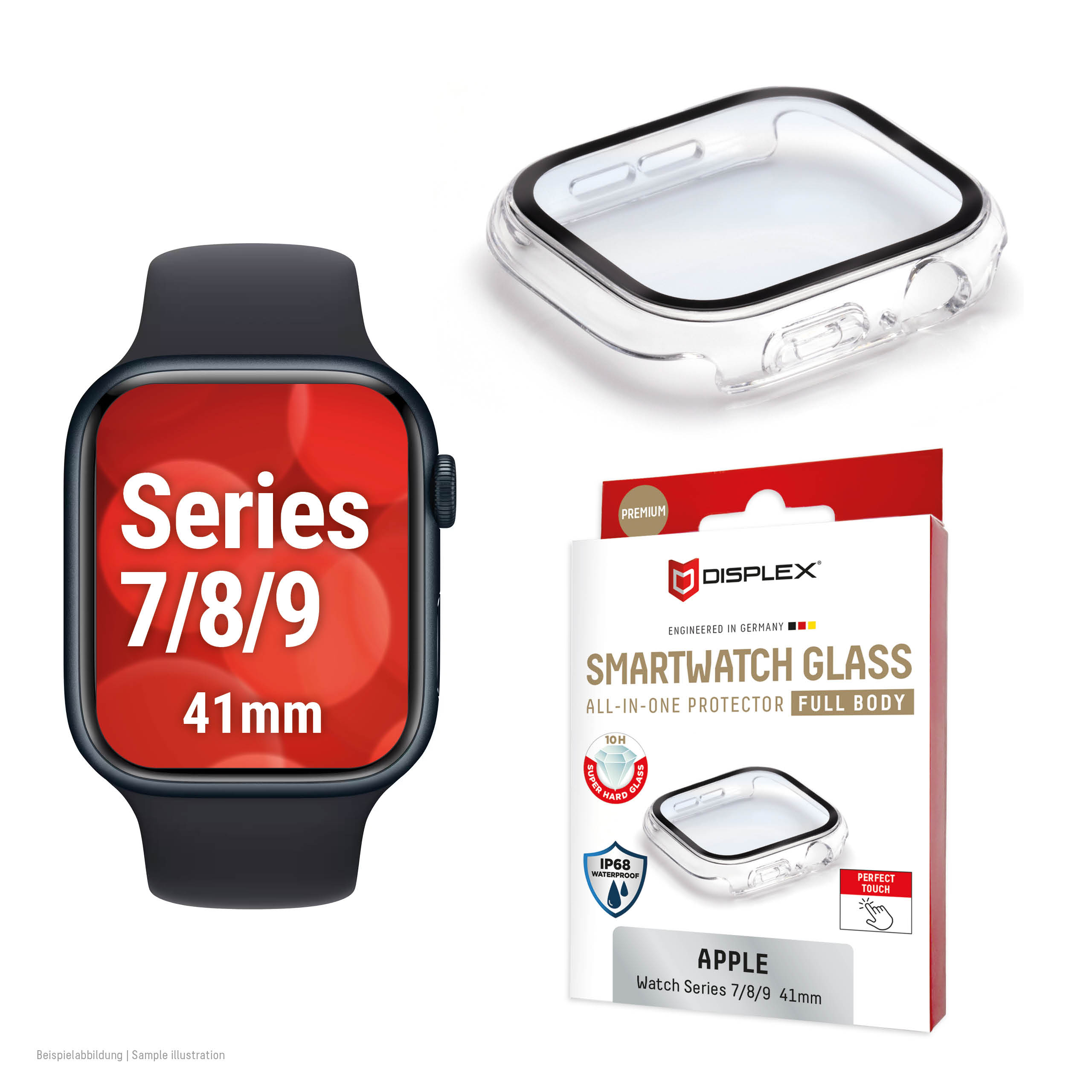 Displex 10H Tempered Glass for Apple Watch 9/8/7 (41mm), Full Body Case, IP68, Snap-On, transparent