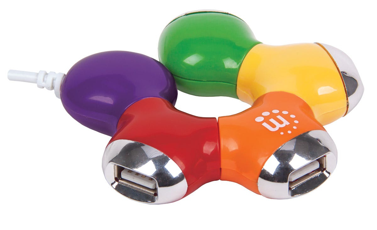 Manhattan USB-A Flex Hub, 4x USB-A Ports, 480 Mbps (USB 2.0), Ports Rotate 180°, Bus Power, Flower design (5 colours), Blister