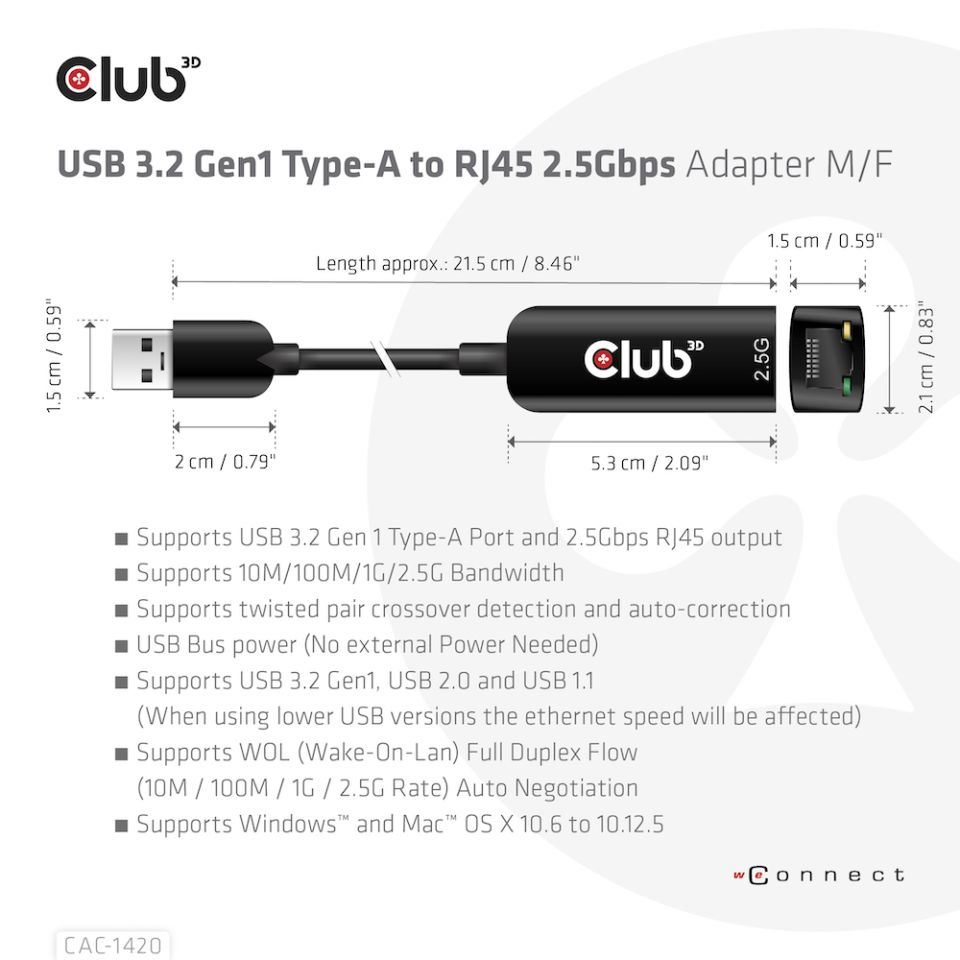 CLUB3D USB 3.2 Gen1 Type A to RJ45 2.5Gbps Adapter – image 5