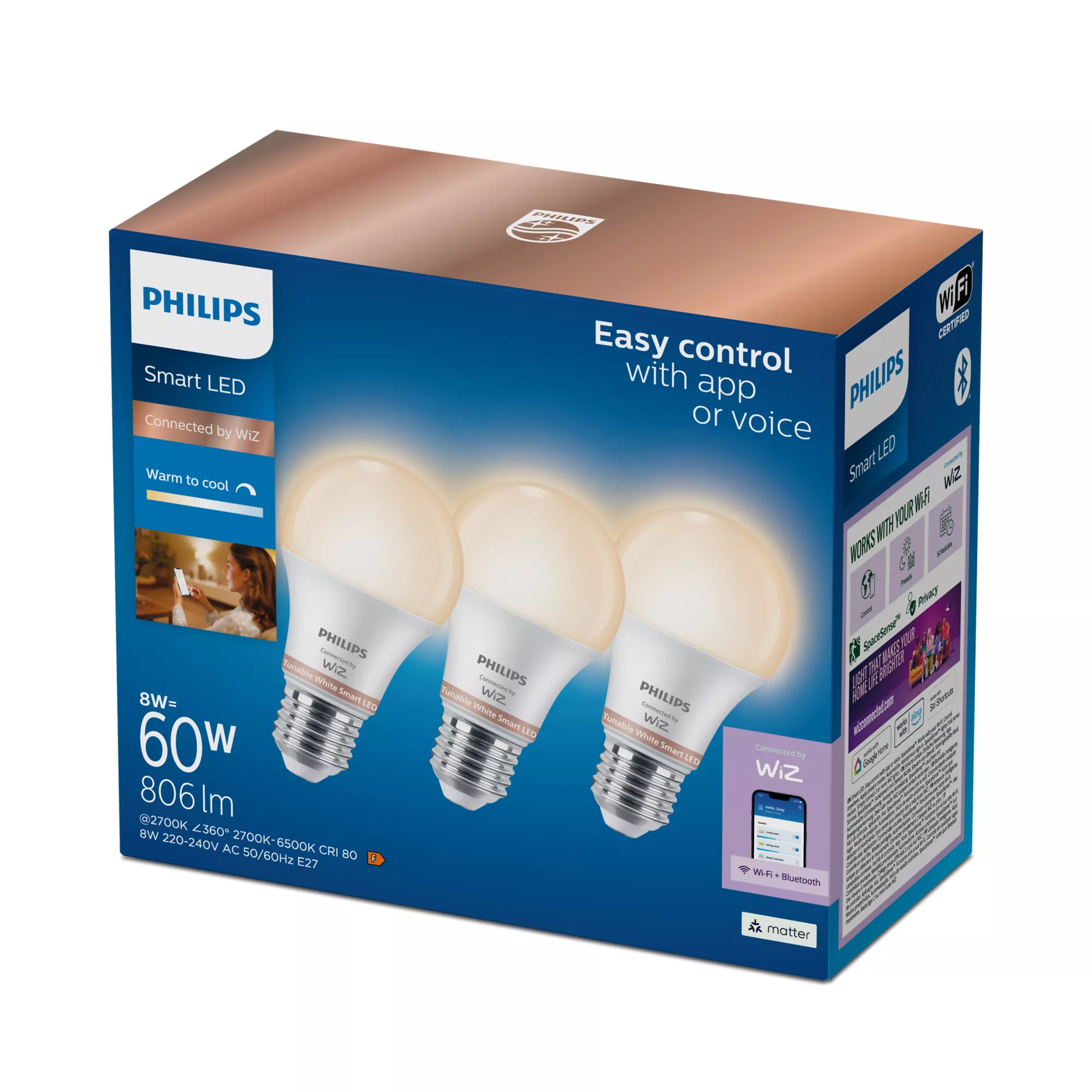 Philips by Signify Philips Smart LED A60 Bulb, E27 Base, 806 lm, 3-Pack – image 2