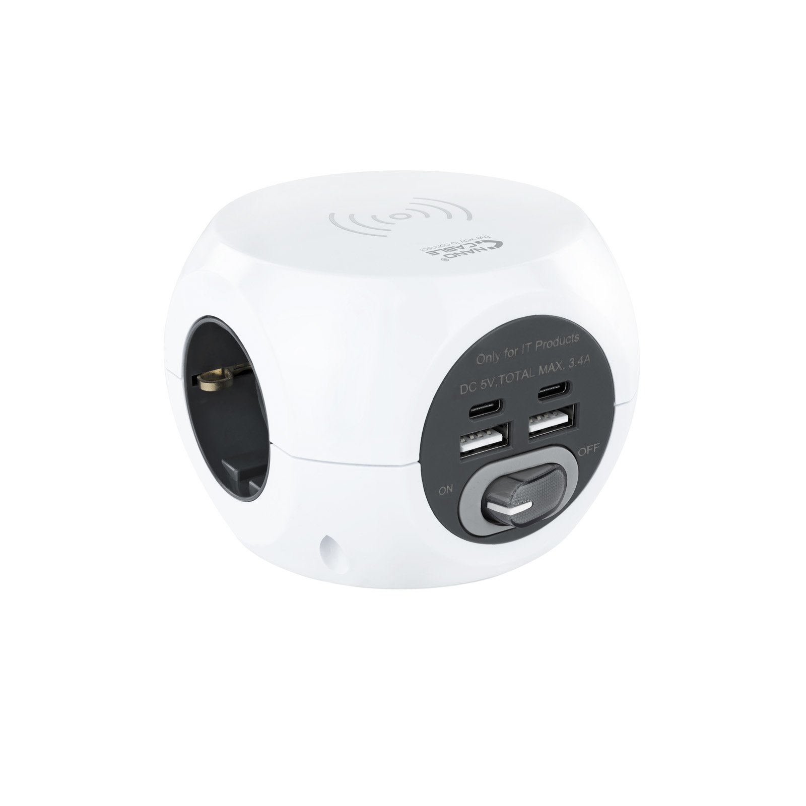 Nanocable 3-socket socket with 4 USB's (2 USB A + 2 USB-C) and wireless charging, with switch – image 1
