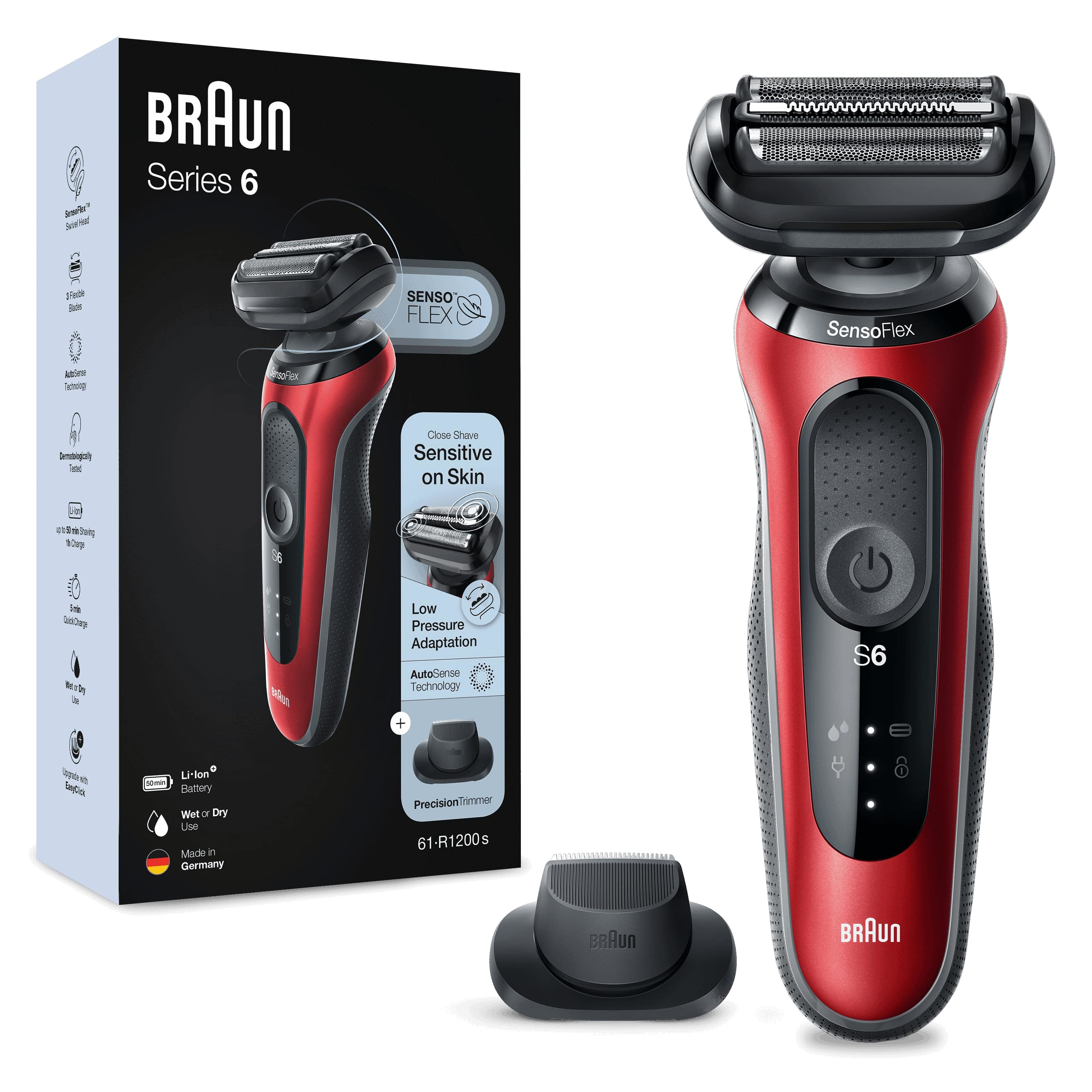 Braun Series 6 61-R1200s Rasoio Elettrico Uomo Con Accessorio Rifinitore Di Precisione EasyClick, SensoFlex, Wet&Dry, Ricaricab
