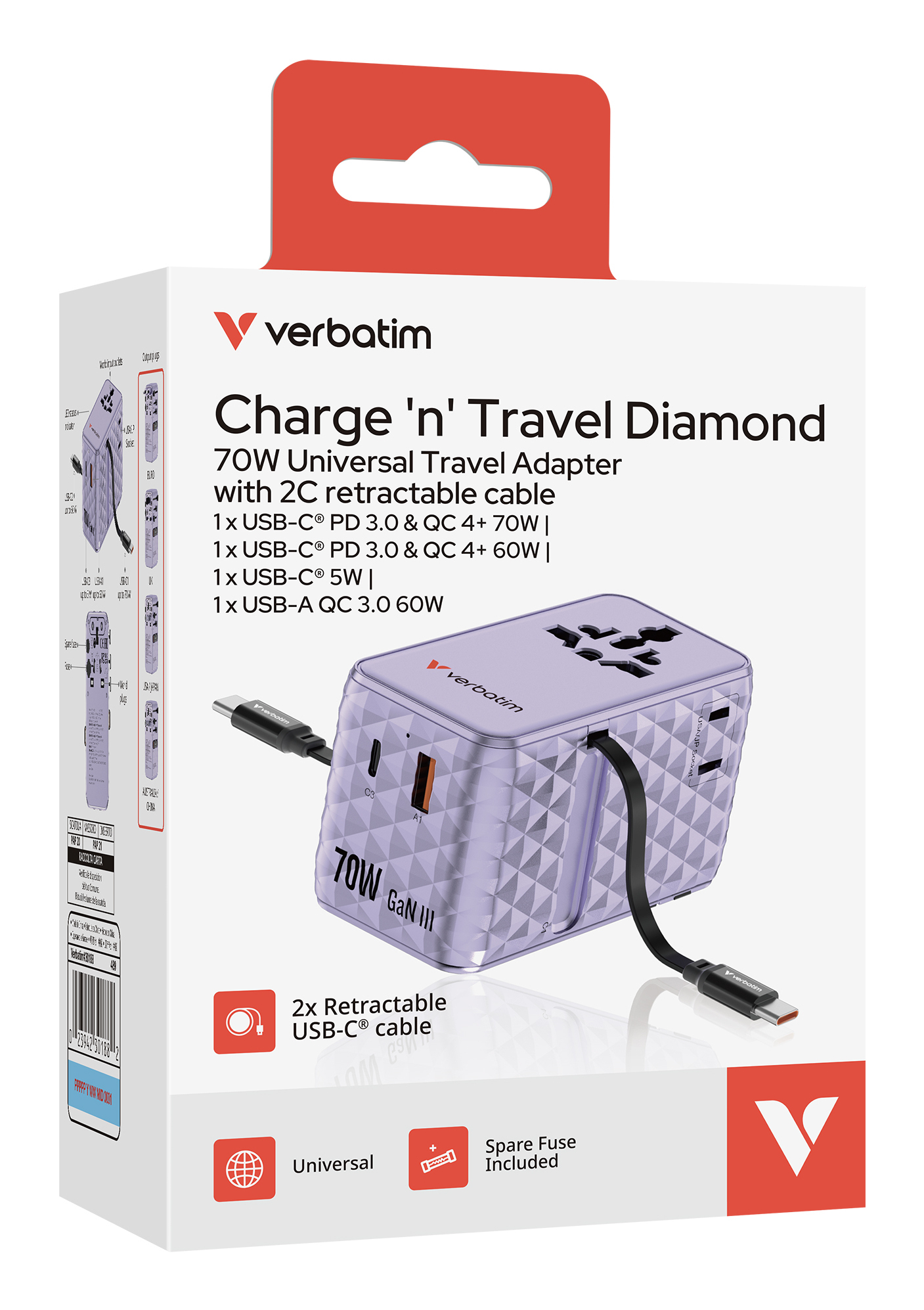 صورة شاحن سفر عالمي Verbatim 30188 Charge 'n' Travel 70W 2 منافذ، بنفسجي
