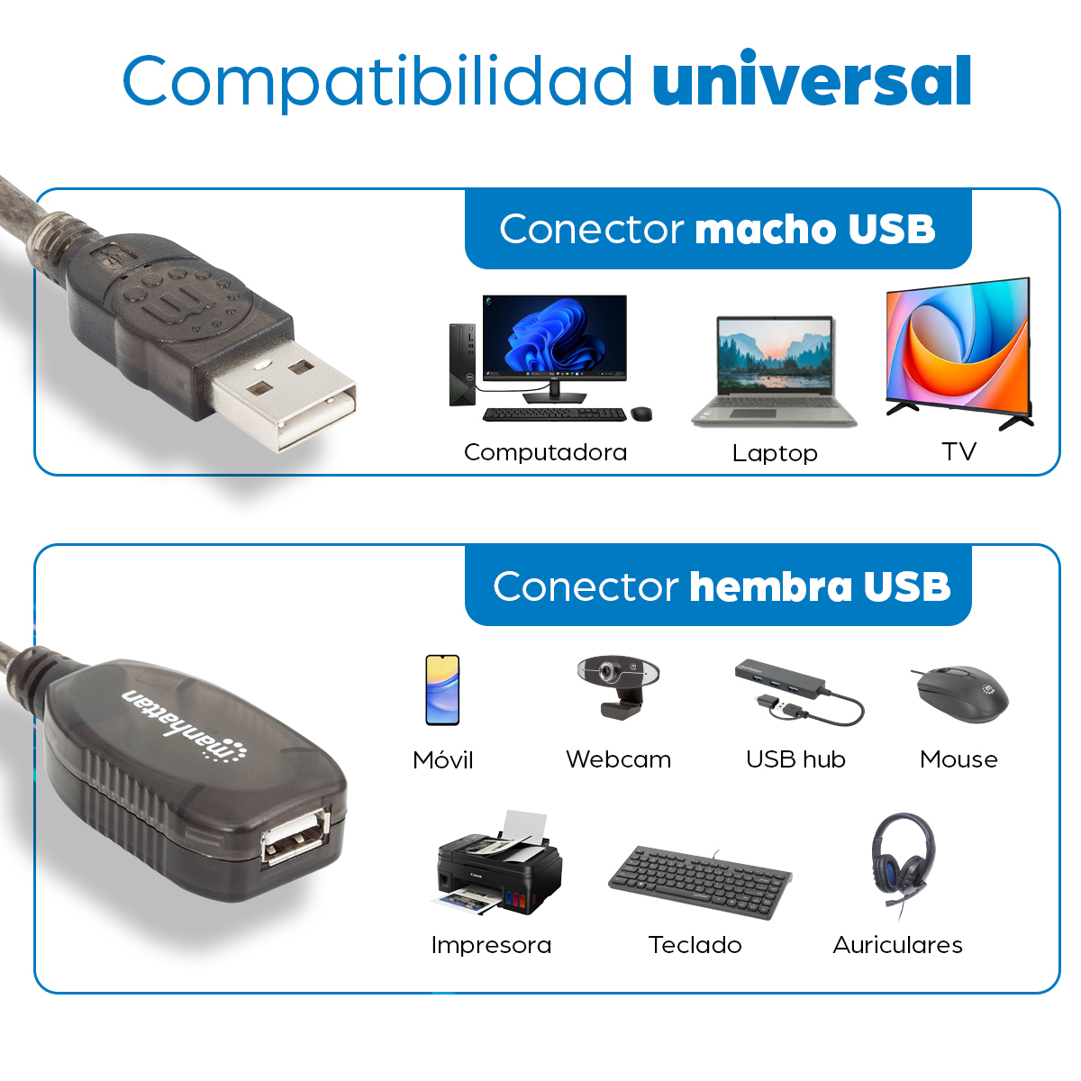 Extensión Activa USB-A 2.0 10m Manhattan 151573, 480Mbps Color Plata