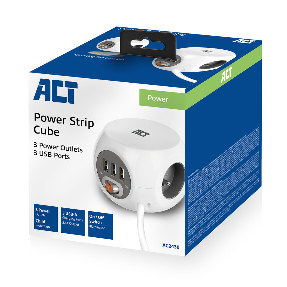 ACT Power socket cube (PDU) with 3 sockets, USB-A ports, 1.5m (Belgium) – image 4