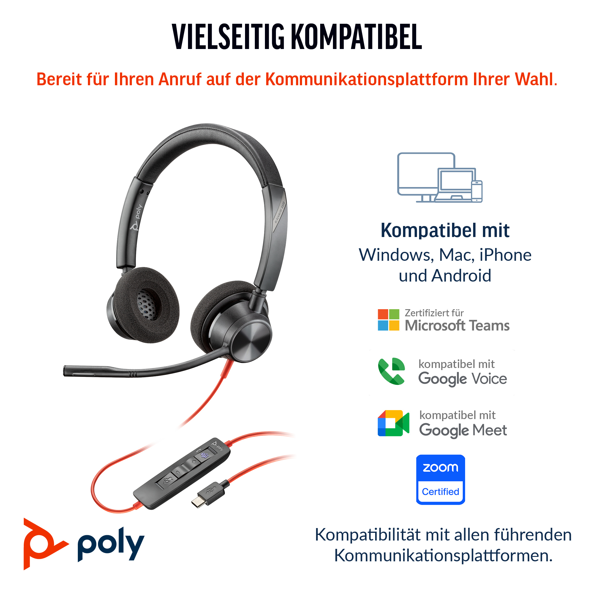 HP Poly Blackwire 3320 Stereo Microsoft Teams Certified USB-C Headset +USB-C/A Adapter. Weight: 131 g