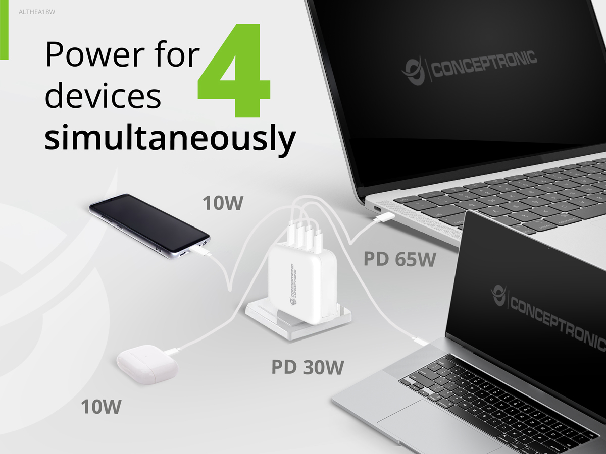 Conceptronic 4-Port 100W GaN USB PD Charger with USB-C Charging Cable, USB-C x 3, USB-A x 1, QC 3.0, PPS – image 7