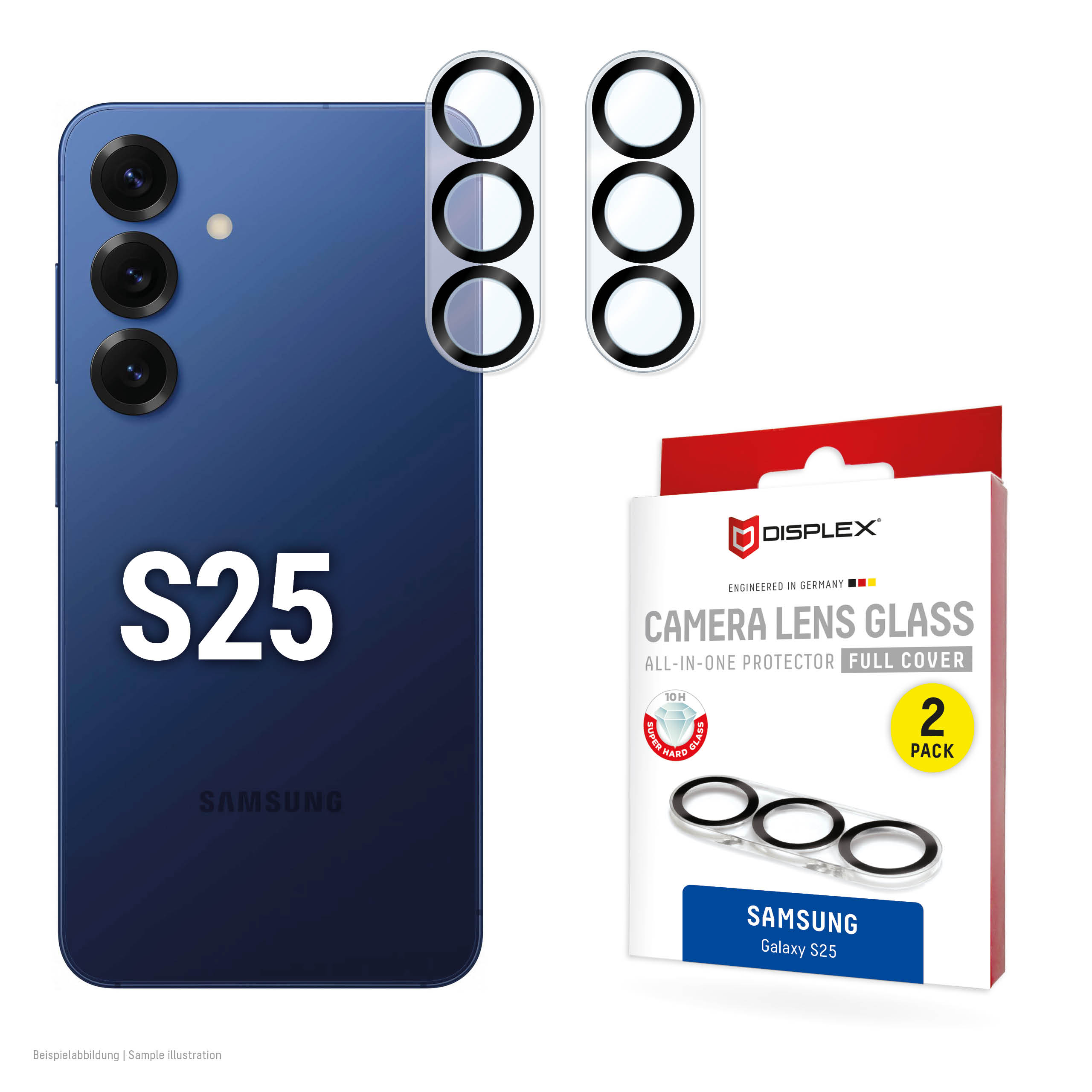 Displex Full Cover Camera Lens Glass Samsung Galaxy S25, 10H, Full Camera Protector, Quick Mount, 2-Pack