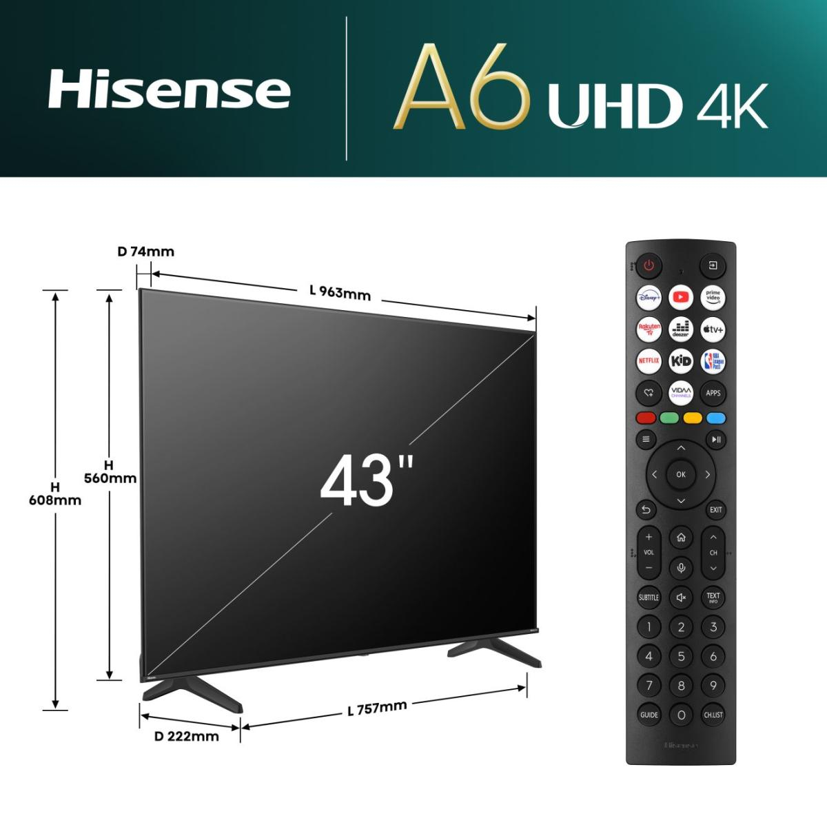 TV LED HISENSE 43A6N 43 (108 cm) 4K UHD 3840x2160 60Hz HDR 10 Smart TV 3 x HDMI — photo 2
