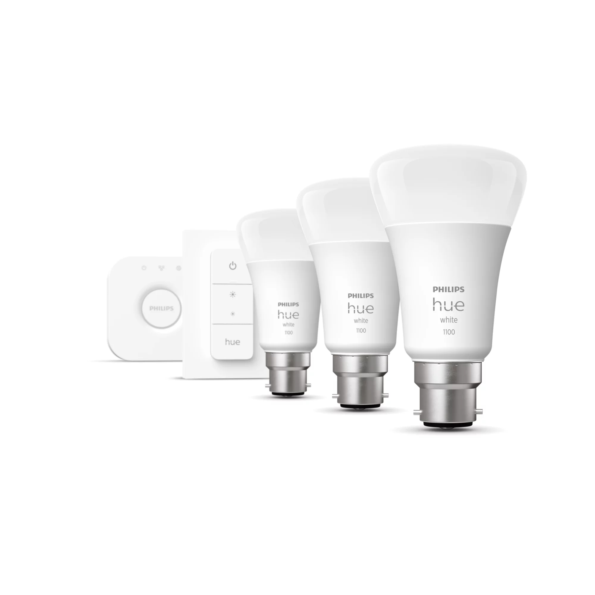 Philips by Signify Philips Hue White Starter kit: 3 B22 smart bulbs (1100) + dimmer switch – image 2