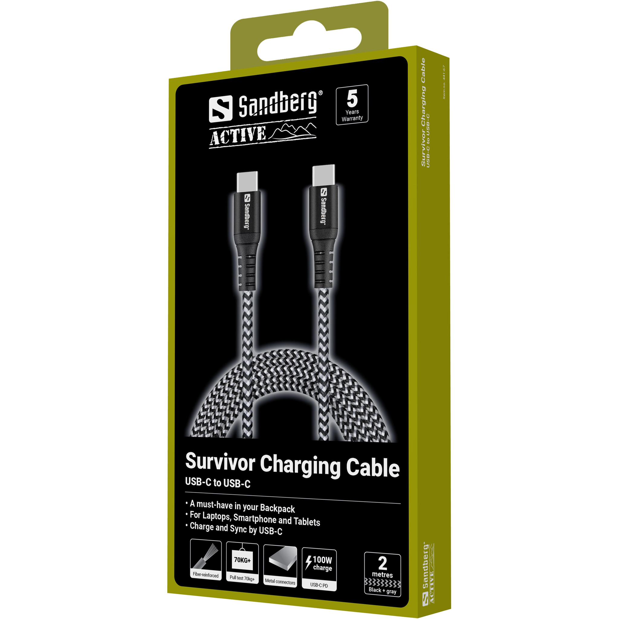 صورة كابل Sandberg 441-67 USB-C 2.0، 2 متر، 100 واط، سترة كيفلار، أسود/أبيض
