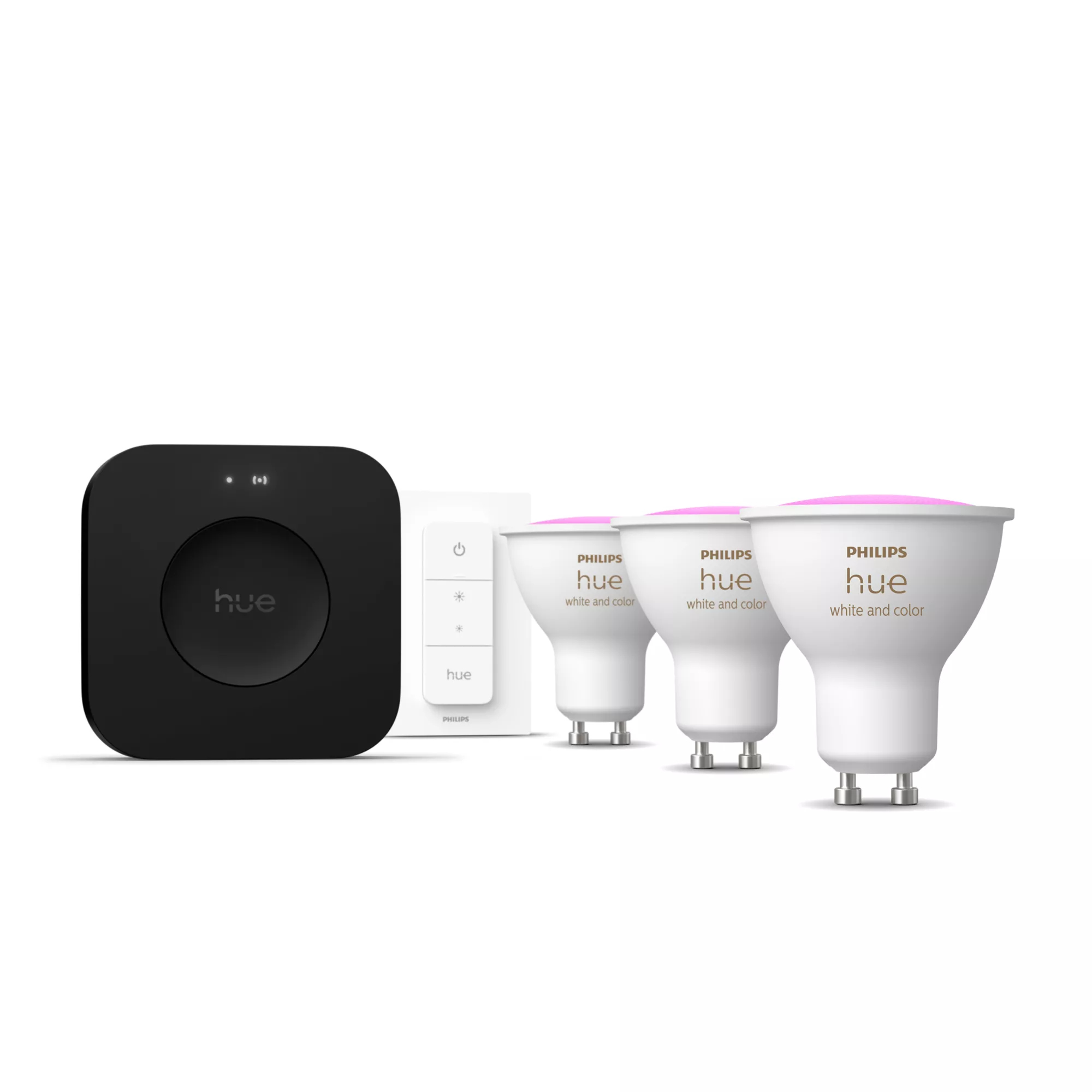 Philips by Signify Kit de démarrage : trois ampoules GU10 + Dimmer Switch + Hue Bridge Pro
