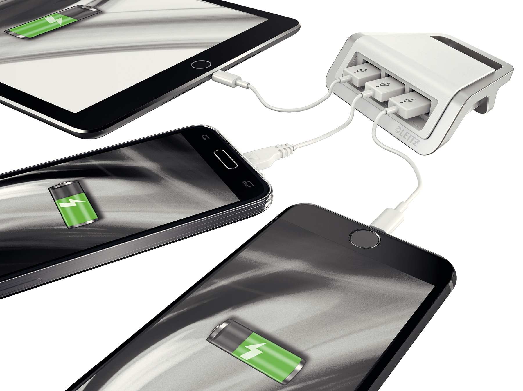 Resim Leitz 62070004 Mobil Cihaz Şarj Cihazı, 3 USB 2.0, 5V/5000mA, Gümüş/Beyaz