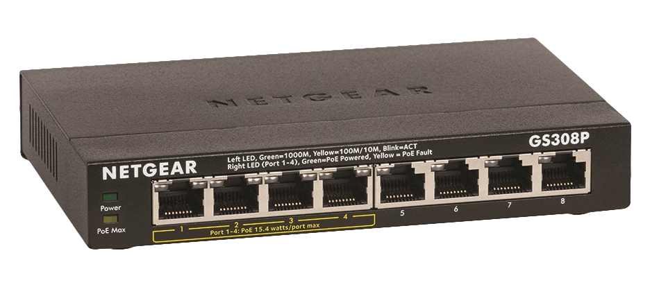 NETGEAR GS308P-100NAS network switch Unmanaged L2 Gigabit Ethernet (10/100/1000) Power over Ethernet (PoE) Black