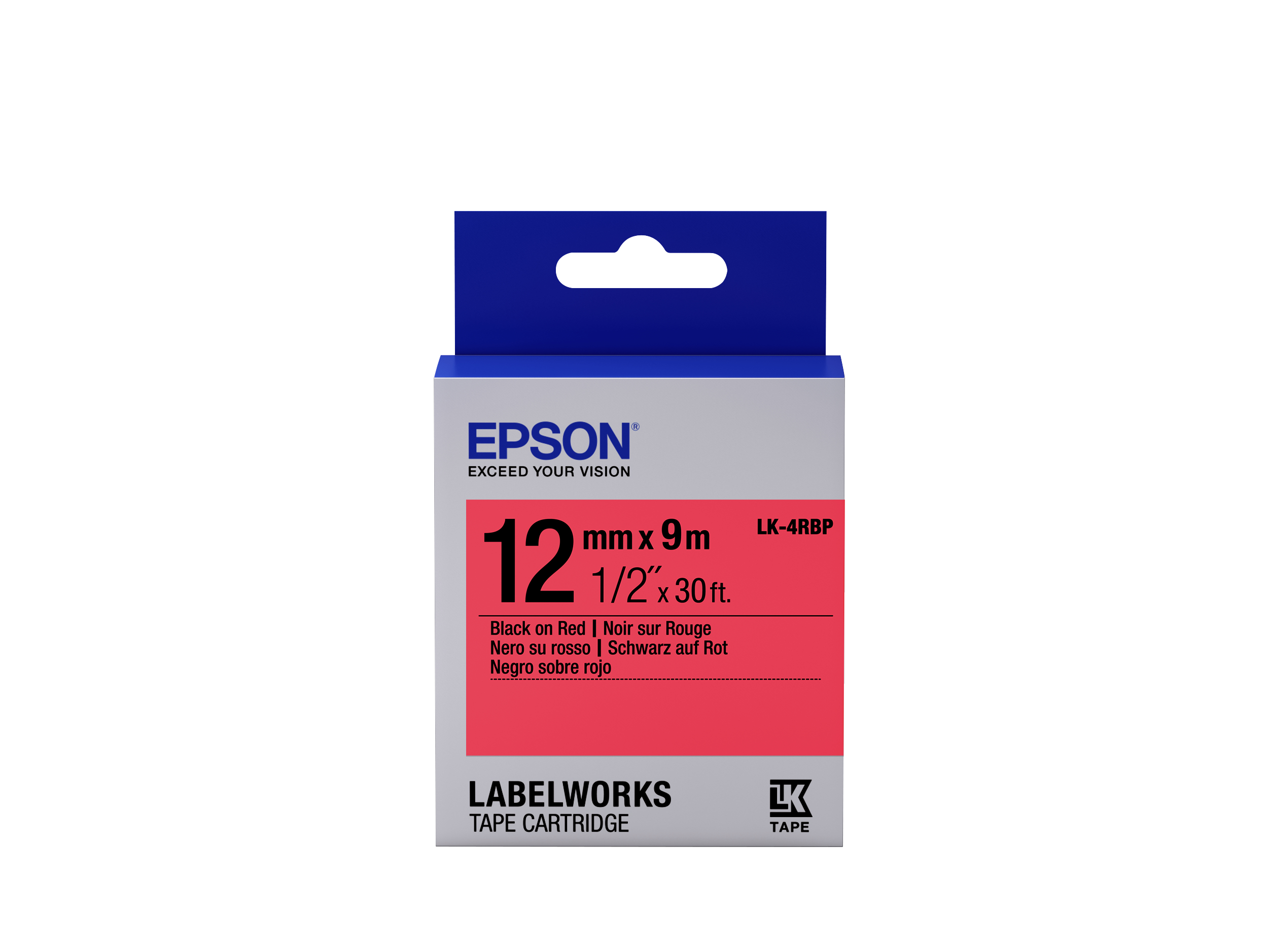 Epson LabelWorks LK-4RBP - Black on red - Roll (1.2 cm x 9 m) 1 cassette(s) label tape - for LabelWorks LW-1000, 300, 400, 600, 700, 900, K400, Z5000, Z5010, Z700, Z710, Z900