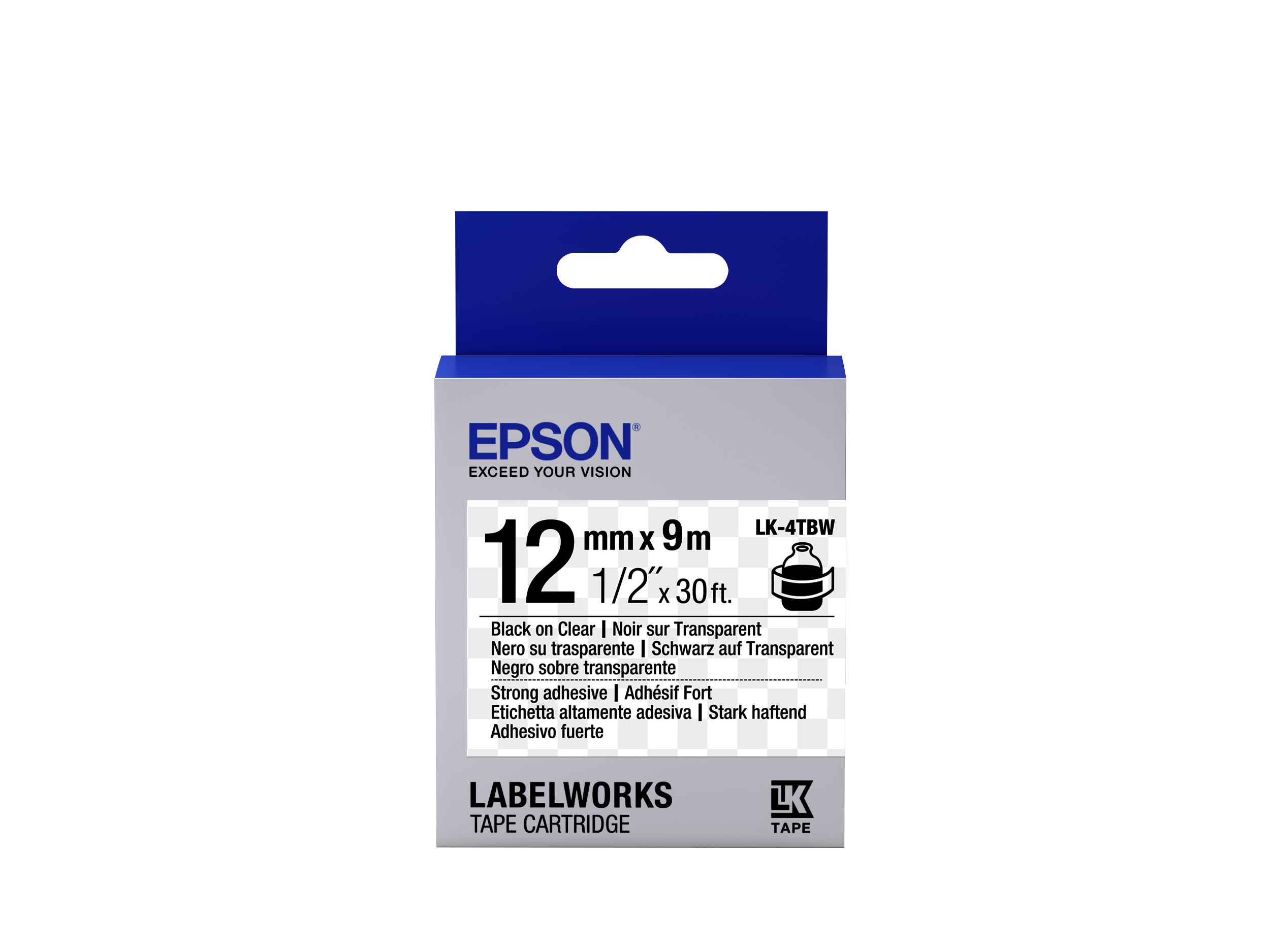 Epson etikettkassett stark självhäftande tejp – LK-4TBW stark tejp svart/klar 12/9