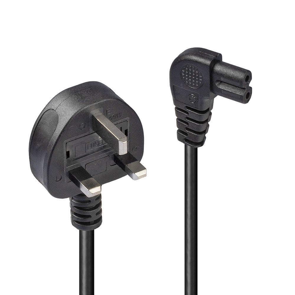 Lindy 30454 0.5m UK 3 Pin Plug To Right Angle IEC C7 (Figure-8) 3 Amp Fuse Mains Extension Cable - Black