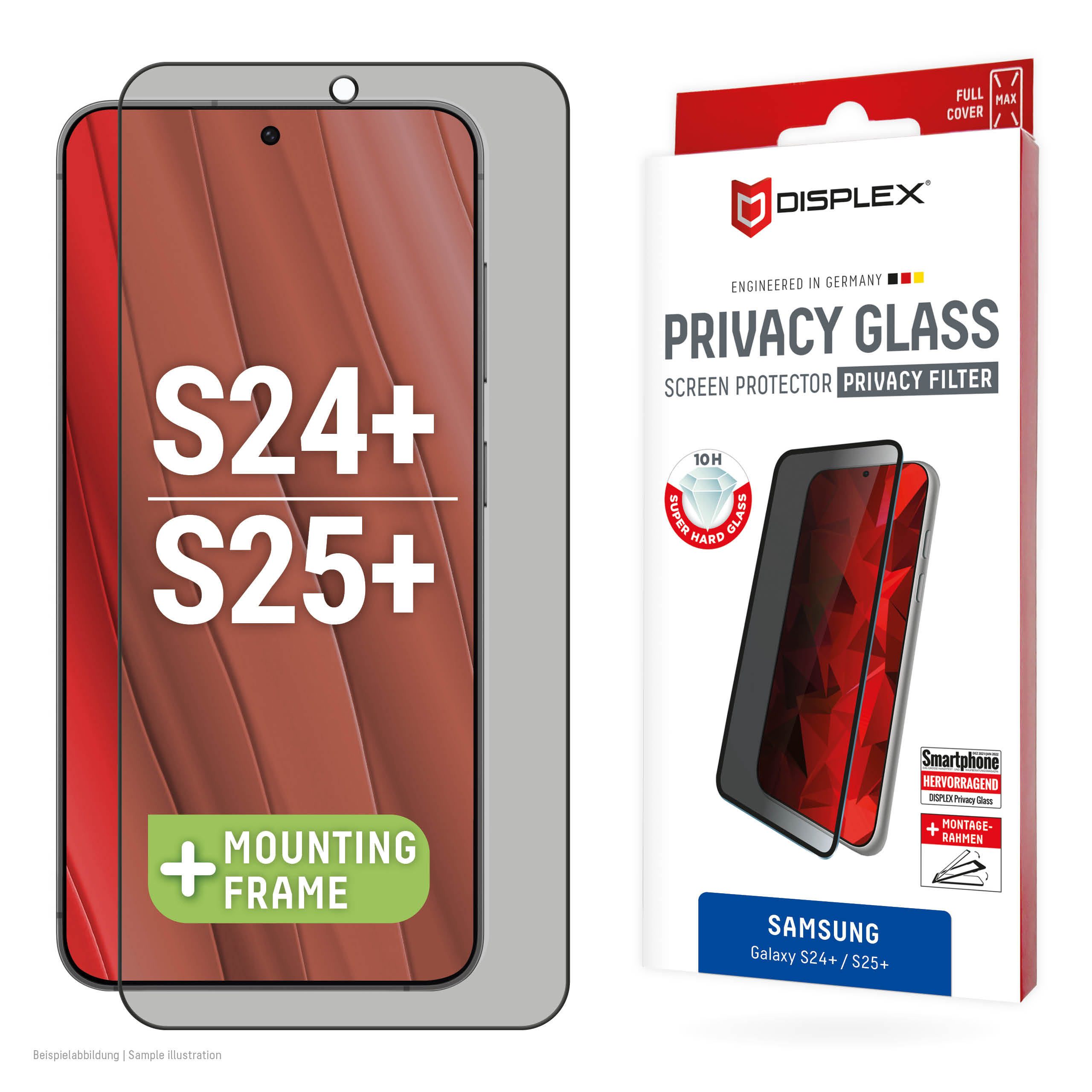 Displex Privacy Screen Protector (10H) for Samsung Galaxy S24+/S25+, Eco Mounting Frame, Privacy Filter