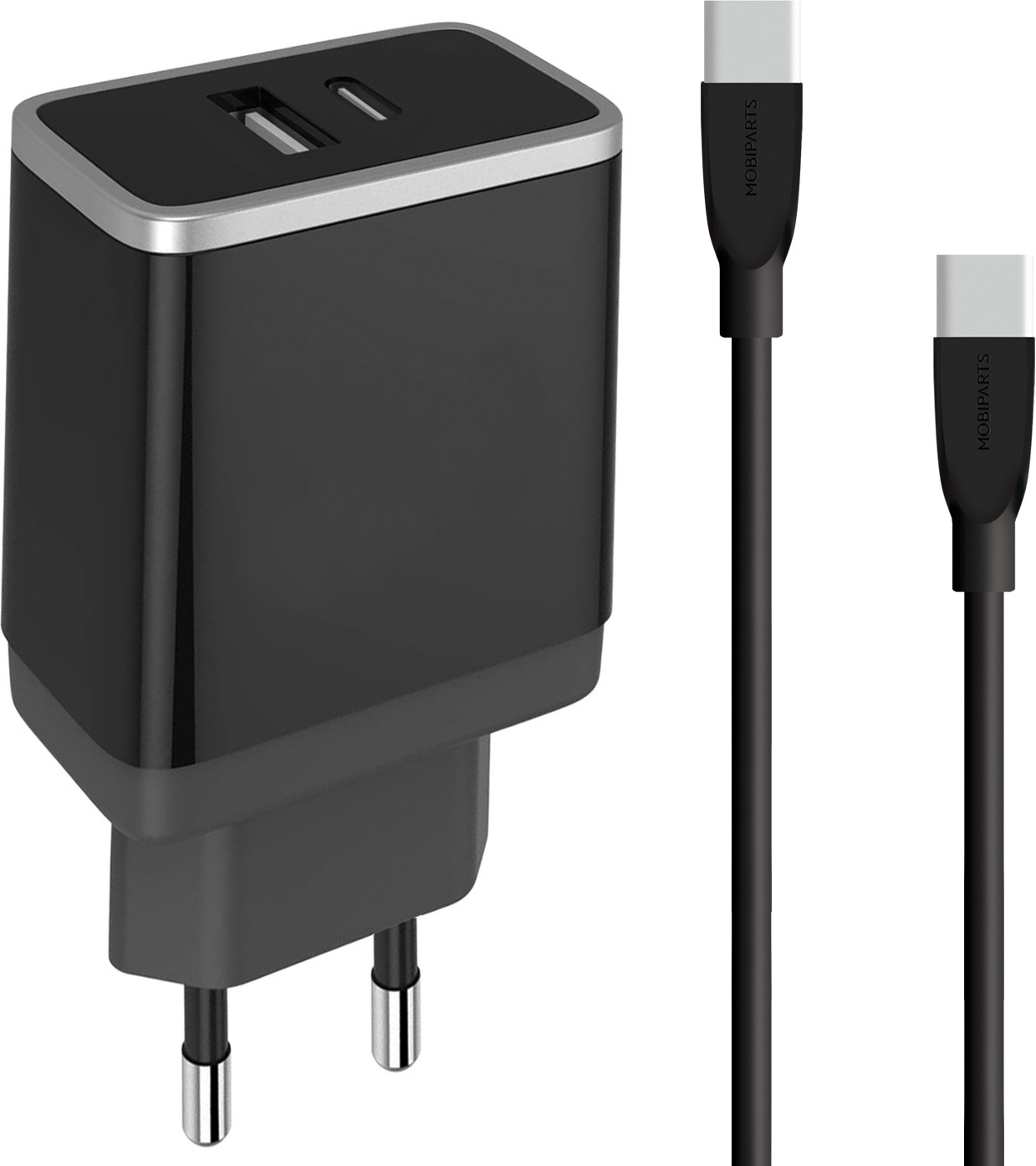 Mobiparts Wall Charger USB-A/USB-C 2.4A + USB-C to USB-C Cable Black