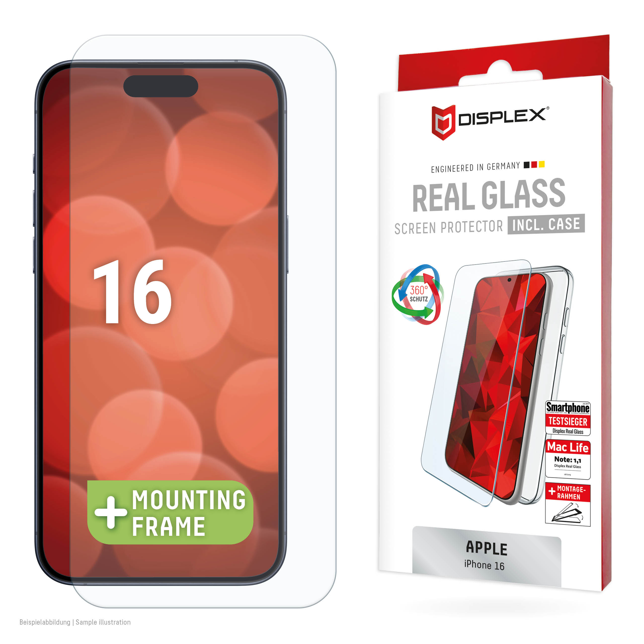 Displex Screen Protector + Case for Apple iPhone 16, Eco Mounting Frame, scratch resistant