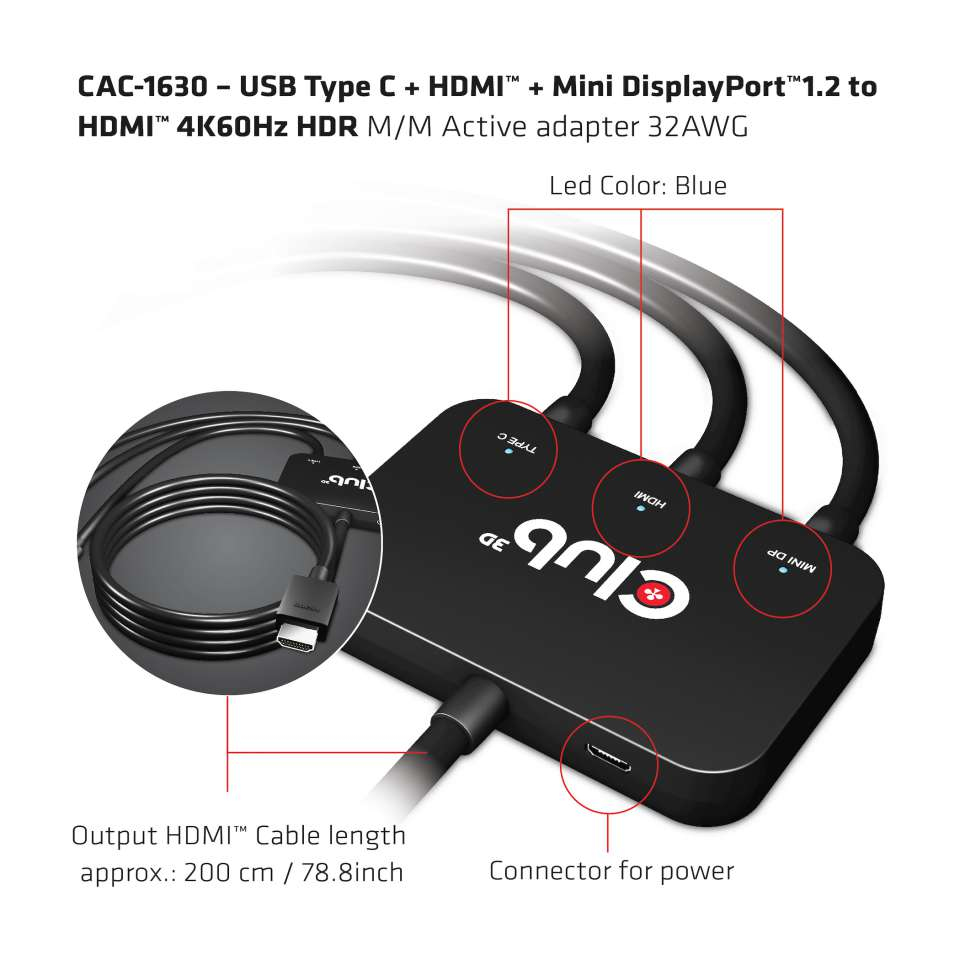 CLUB3D USB Type C + HDMI™ + MiniDisplayPort™ 1.2 to HDMI™ 4K60Hz HDR M/M Active Adapter 32AWG – image 6