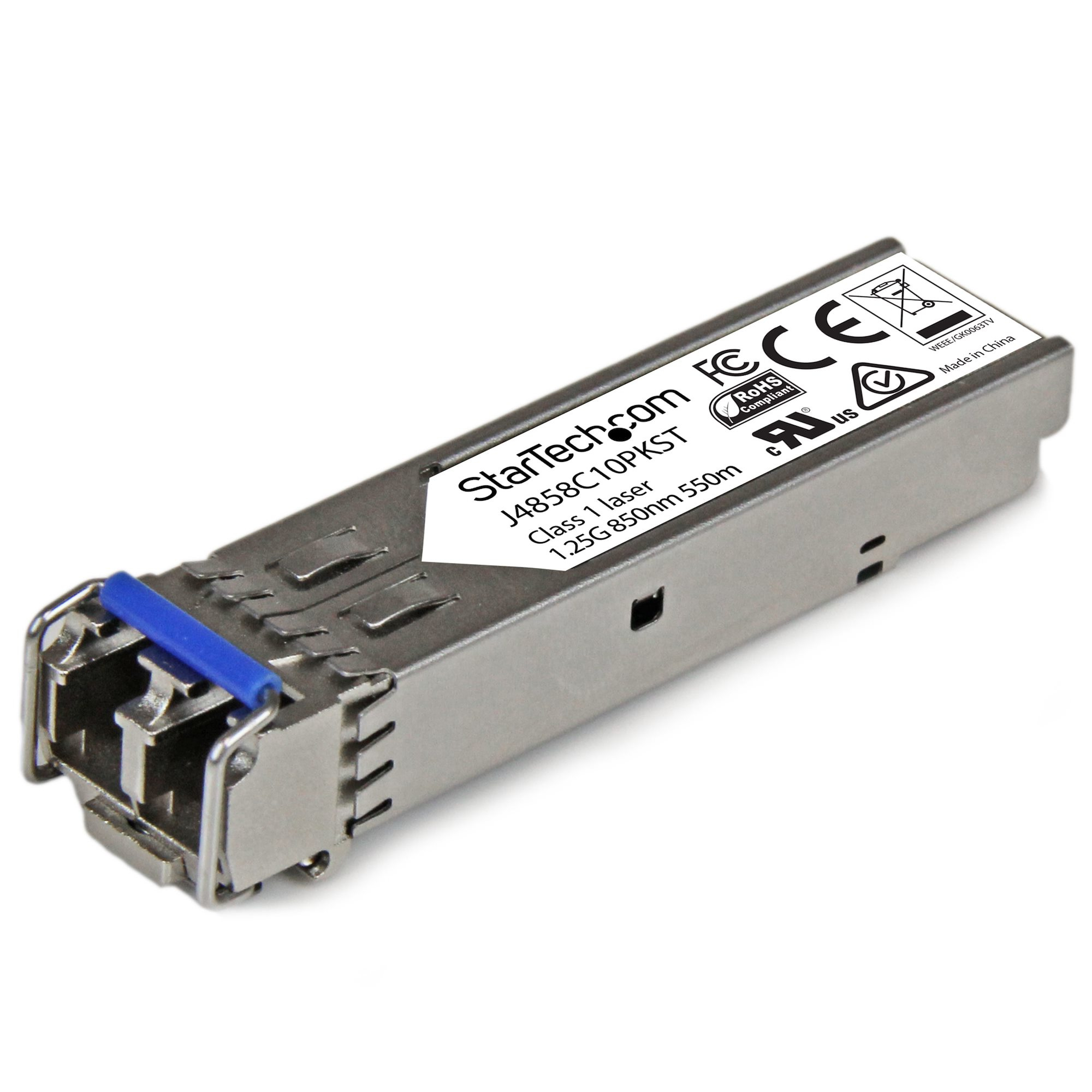StarTech.com 10 pack HPE J4858C Compatible SFP Module, 1000BASE-SX, 1GbE Multi Mode (MMF) Fiber Optic Transceiver, 1 Gigabit Ethernet SFP, LC Connector, 550m, 850nm, DDM, HPE 1400, 1700, 1820 - Lifetime Warranty (J4858C10PKST) - SFP (mini-GBIC) transceiver module (equivalent to: HP J4858C) - 1GbE - 1000Base-SX - LC multi-mode - up to 550 m - 850 nm (pack of 10) - for HPE 1700, 2610, 6120, Switch XL 10/100/1000, HPE Aruba 2530, 2930F 24, 2930F 48, 5406