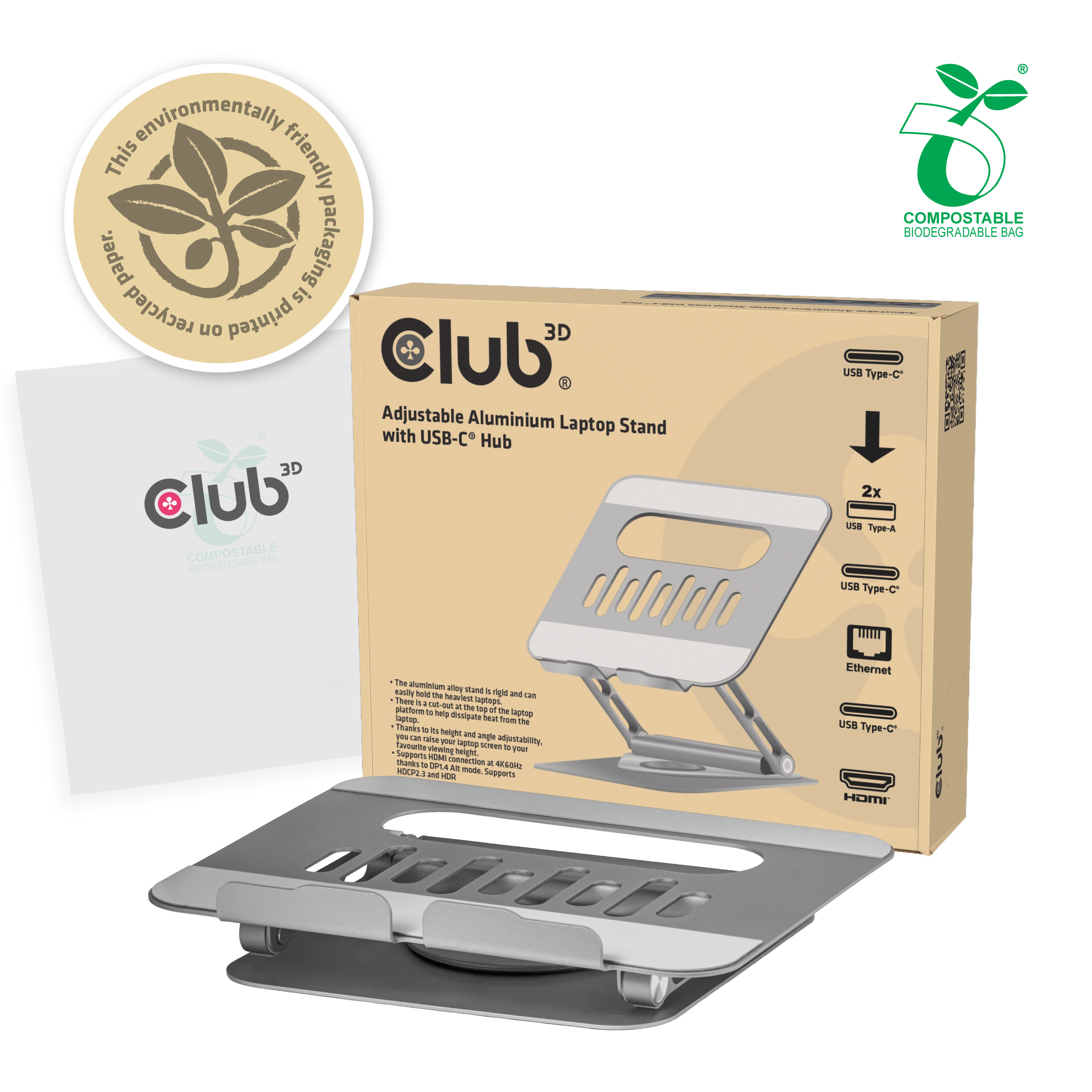 Club3D Laptopständer mit USB-C HUB 100W 360° 4K60Hz HUBs