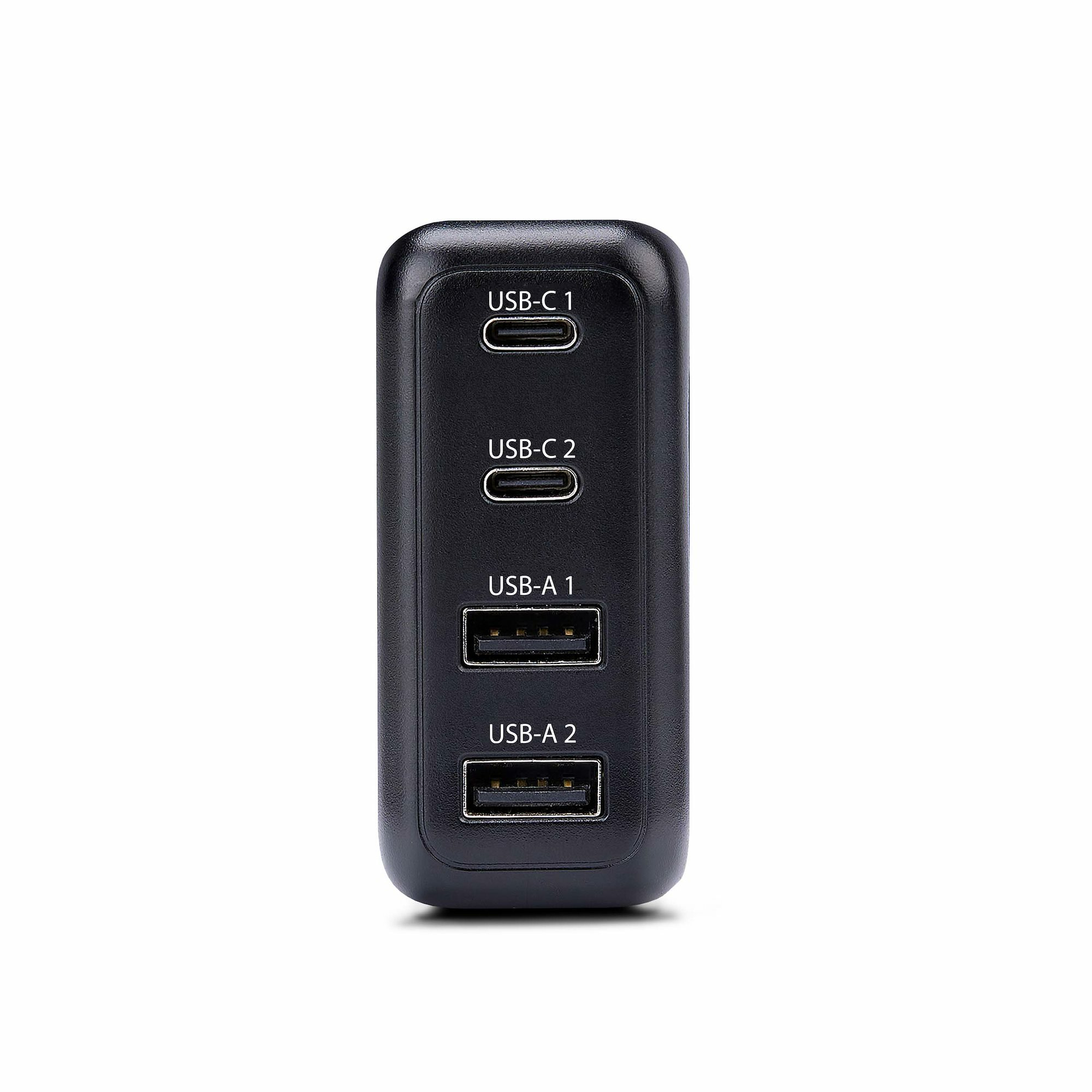 Resim StarTech.com 100W GaN USB-C PD 3.0 Duvar Tipi Şarj Cihazı, 2x USB-C, 2x USB-A, 1.8m Kablo, Siyah