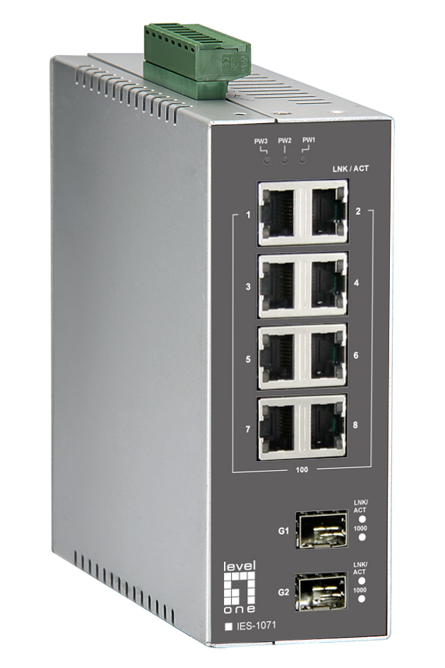 LevelOne 10-Port L2 Managed Fast Ethernet Industrial Switch, DIN-Rail, 2 x Gigabit SFP, -20°C to 70°C